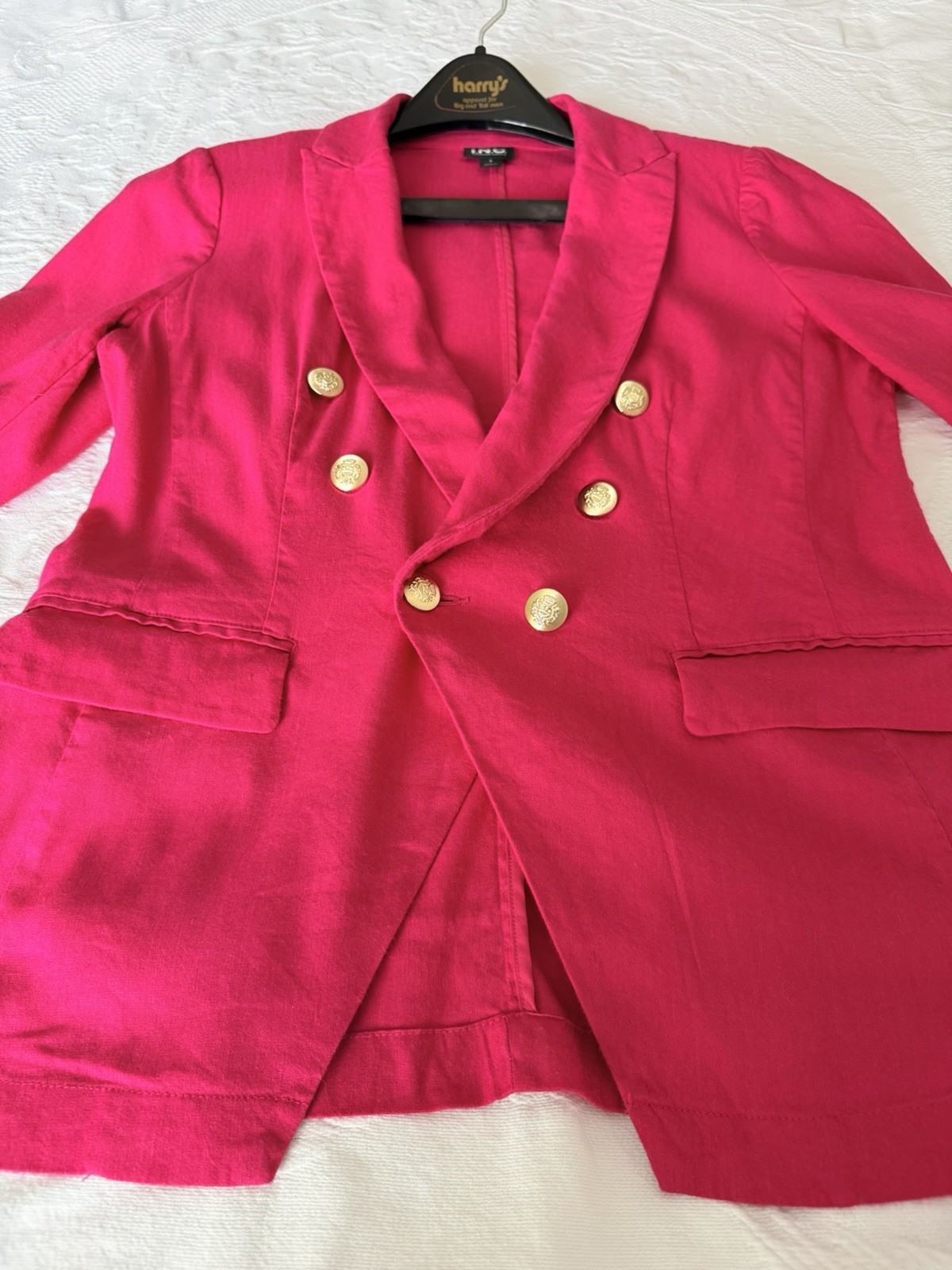 I.N.C. S Linen Blend Double Breasted Blazer Gold Buttons Fuchsia Preppy Chic