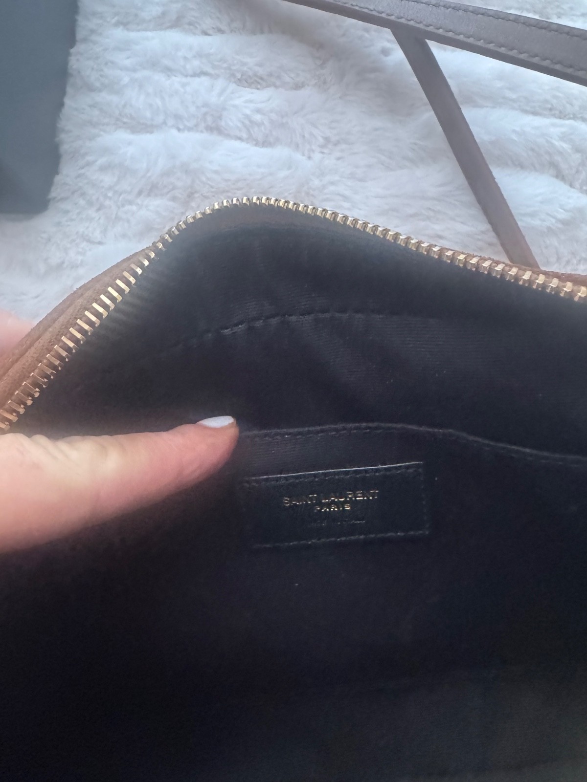 YSL LOU CAMERA BAG IN QUILTED YUMMY SUEDE. Gold bead accents and Whipstitched