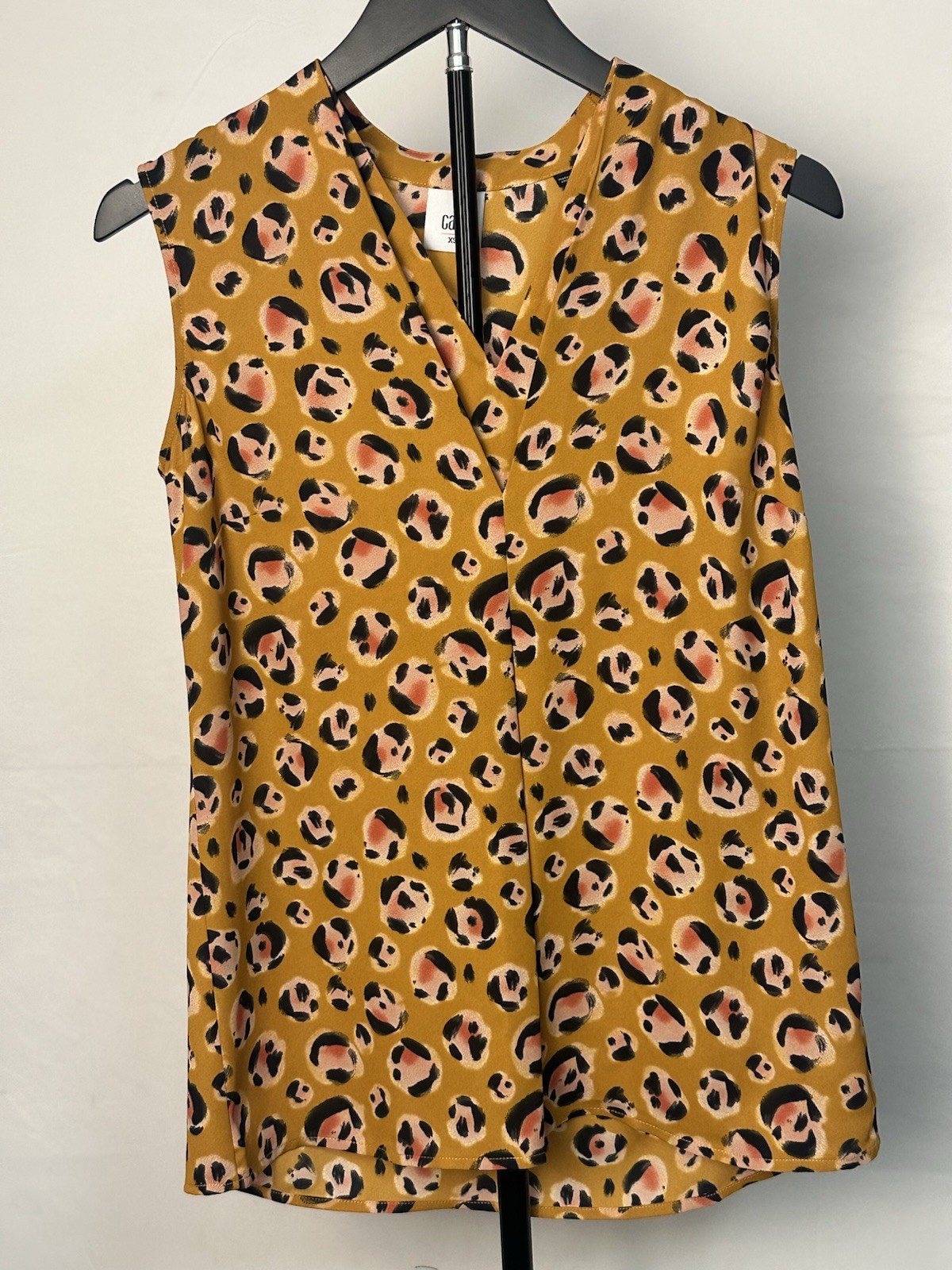 CAbi Yellow Animal Print Leopard V-Neck Button-Front Sleeveless Blouse XS