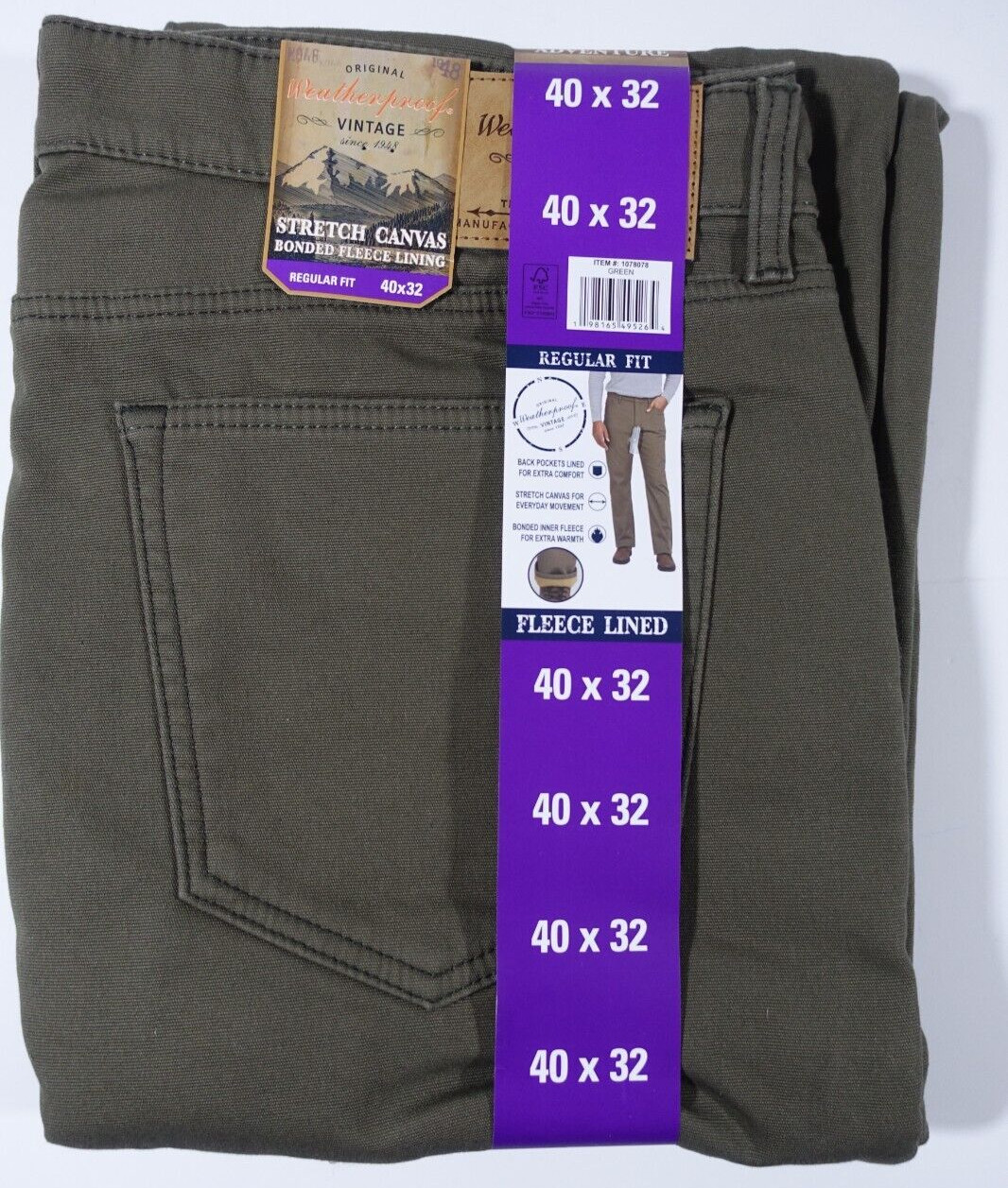 Weatherproof Vintage Men Fleece Lined Pant 40×32 Stretch Canvas Green