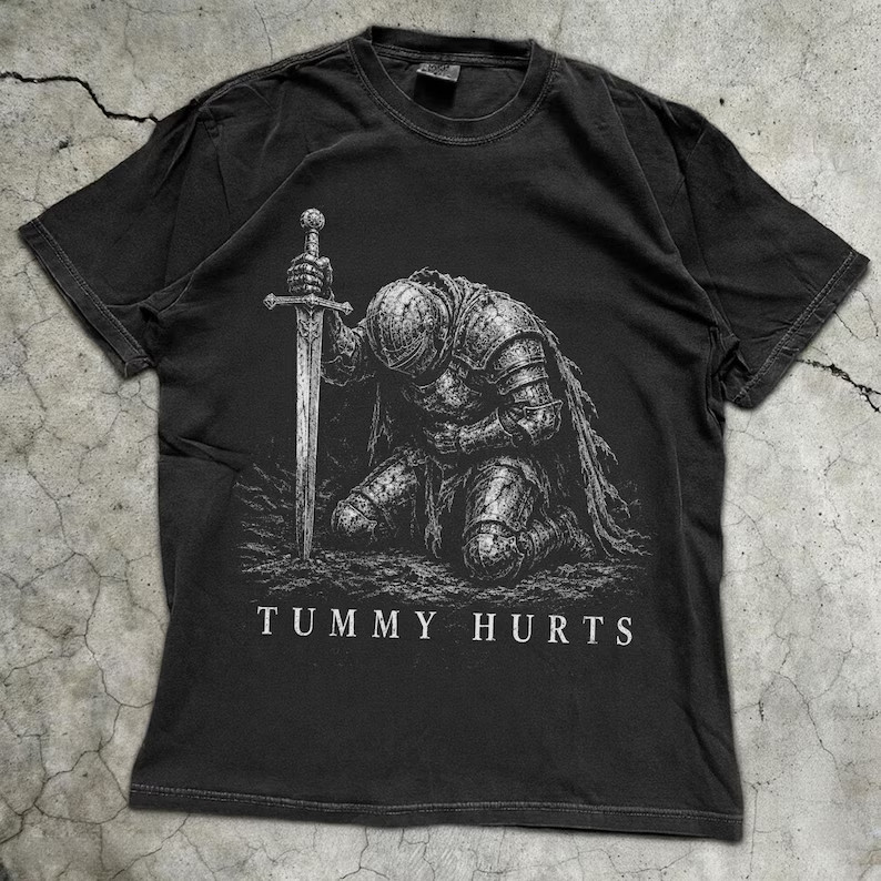 Tummy Hurts Kneeling Knight T-Shirt Funny Medieval Meme Graphic Tee