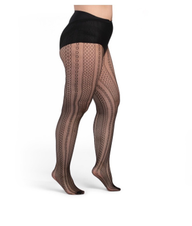 New HUE Women’s Black Vertical Open Work Net Tights sz L-XL