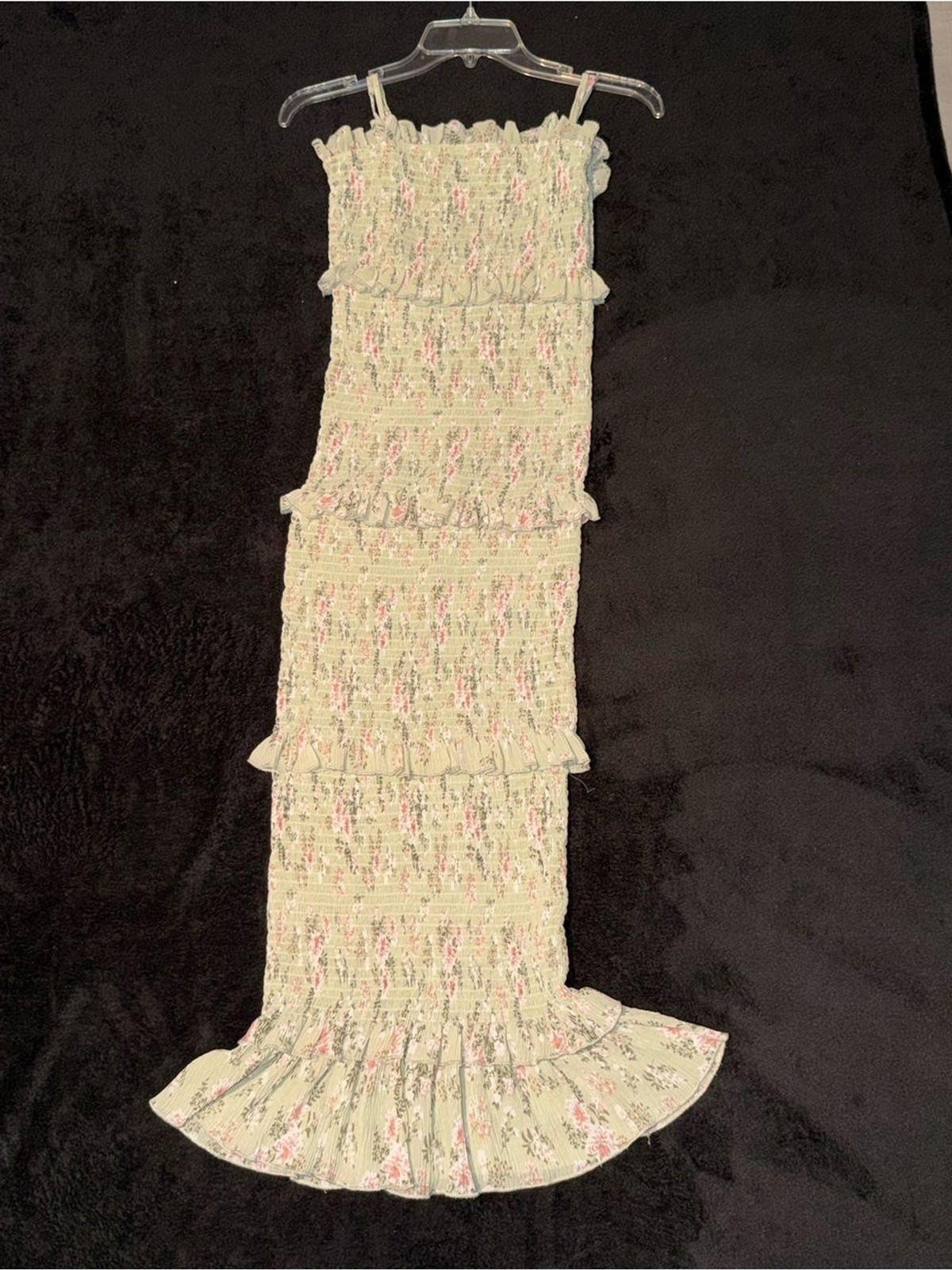 Smocked Floral Maxi Dress in Light Green