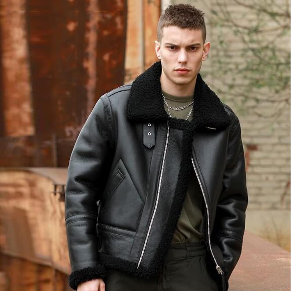 Mens Black Leather Shearling Jacket Aviator Biker Faux Fur Collar Bomber Coat