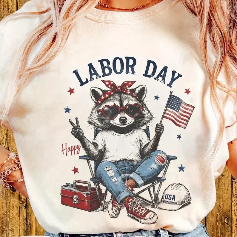 Happy Labor Day Shirt Cute Raccoon American Flag Patriotic Holiday Graphic Tee