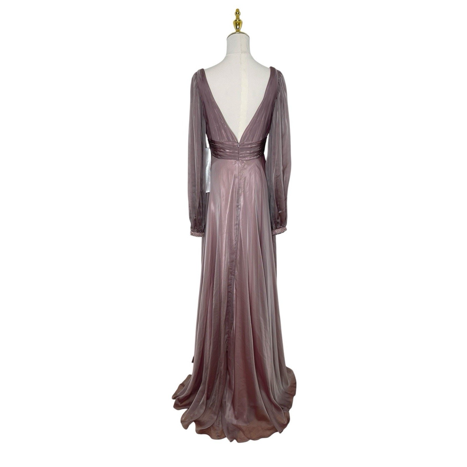 Mac Duggal 67414 Mocha Chiffon Gown Cutaway Sleeve Beaded Cuff Size 8 $598