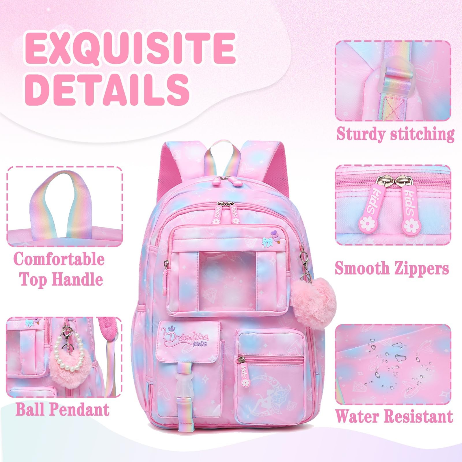 17 inch Pink Sweet Girls Backpack Splash-resistant School Bag Laptop Compartment