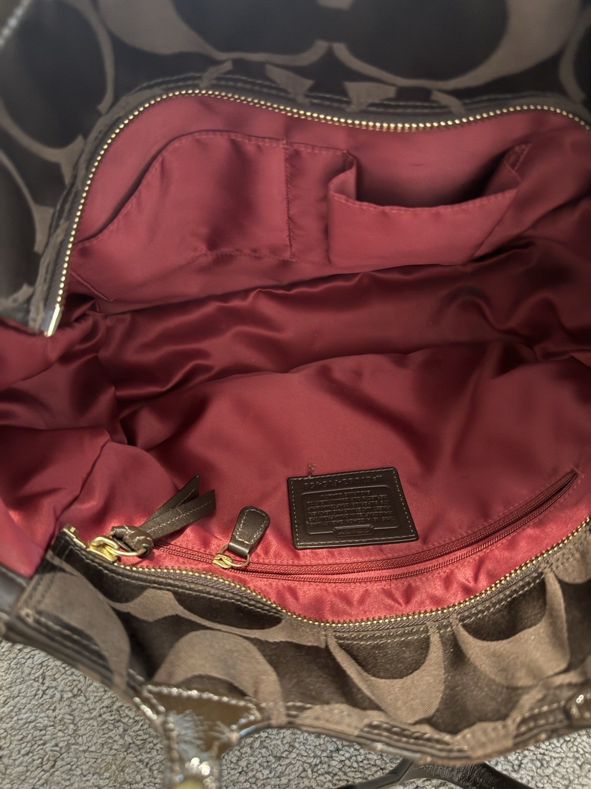 Coach Brown Patchwork Logo Tote Zip Top Burgundy Lining Gold Hardware Charm