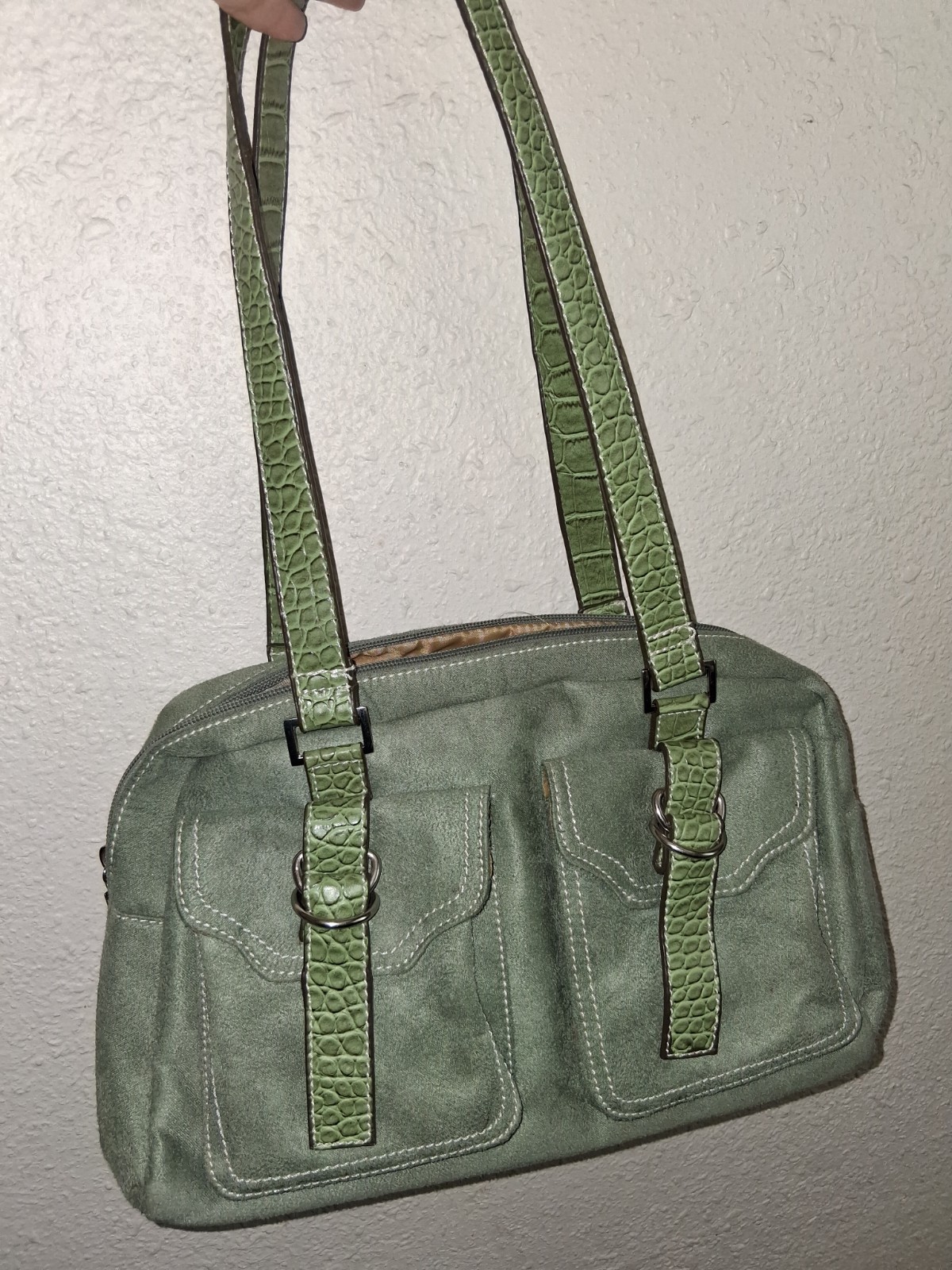 Green Suede Shoulder Bag Buckle Accent Zipper Closure Inner Pockets Classic