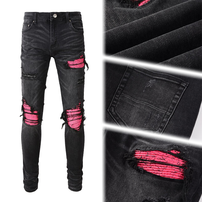 Men’s Black Skinny Stretch Jeans with Pink Patchwork Rips, Raw Hem, Button Waist