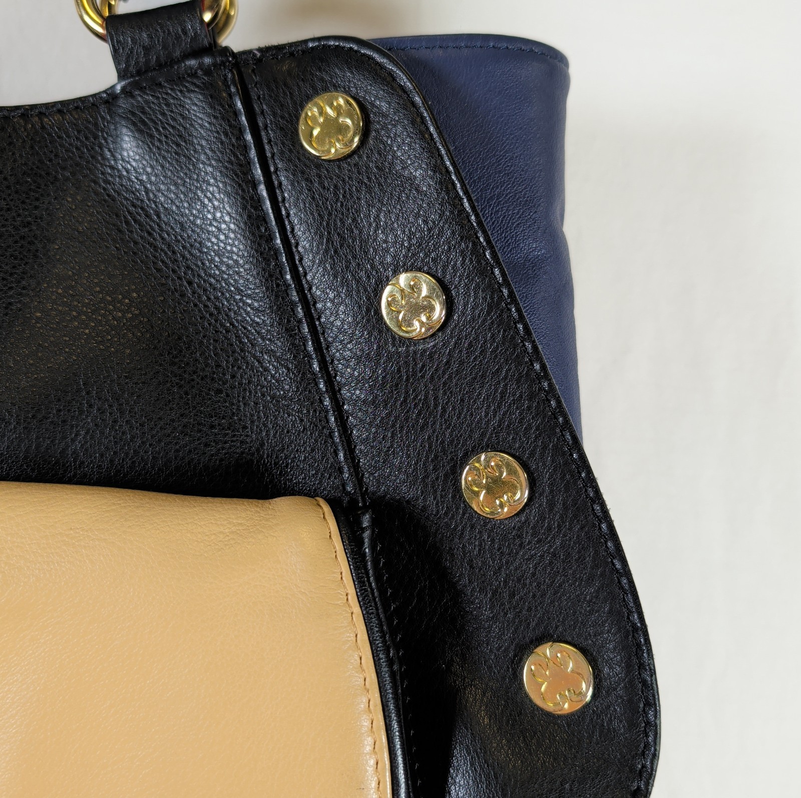 Emma Fox Colorblock Turnlock Studded Double Handled Satchel Black Blue Beige