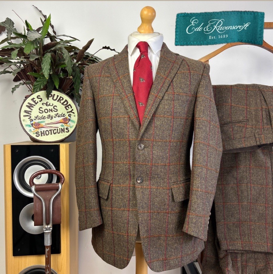 Ede & Ravenscroft 38R Windowpane Tweed English Suit 2 Pairs Trousers Savile Row