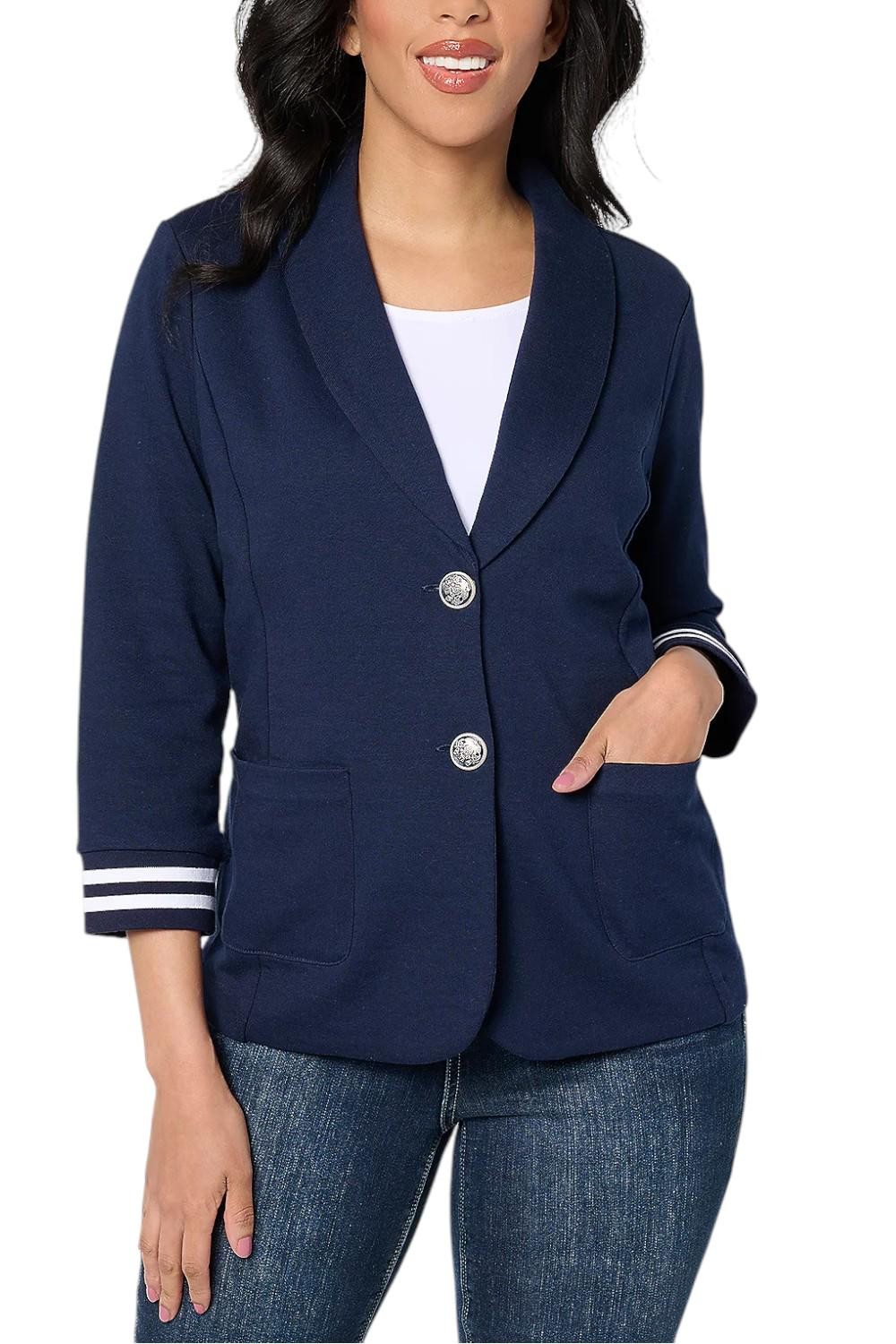 Susan Graver Women’s Marina Knit 3/4 Slv Blazer w/Rib Cuffs Navy/White