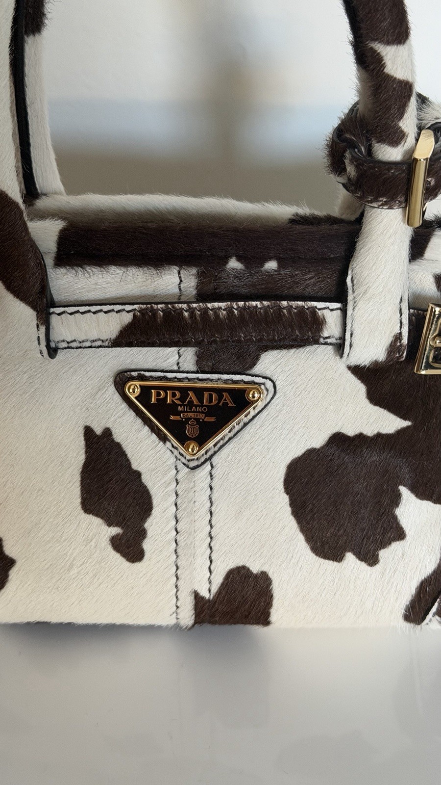 PRADA Cow Print Satchel Top Handle Bag w/ Detachable Adjustable Strap Zip