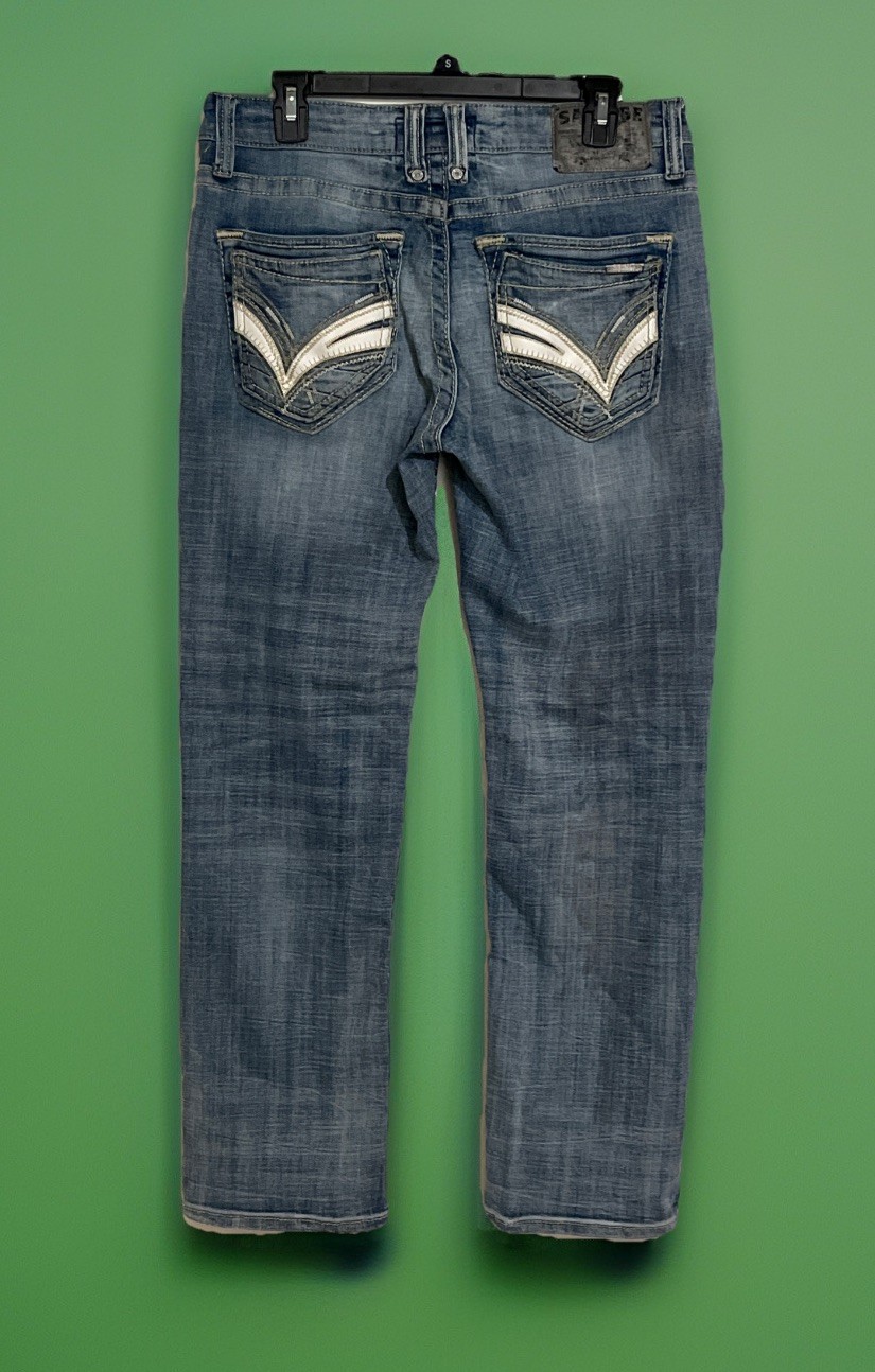 MINT SALVAGE 32 x 30 MAYHEM STRAIGHT LEG WESTERN BLUE JEANS MNFR DISTRESS BKE