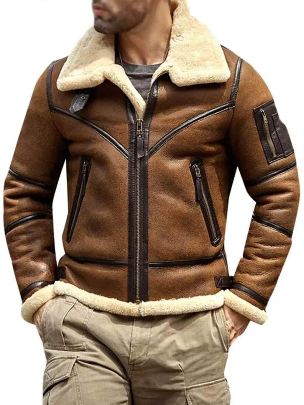 Men’s B3 Shearling Sheepskin Leather Aviator Jacket – Warm Winter Flight Bomber