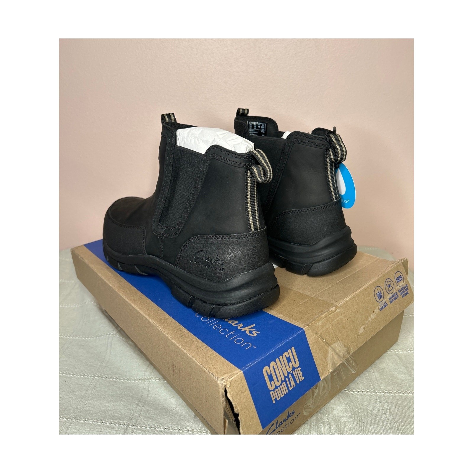 Clarks Men’s Walpath Easy Chelsea Boot Black Leather Size 12 W Waterproof New