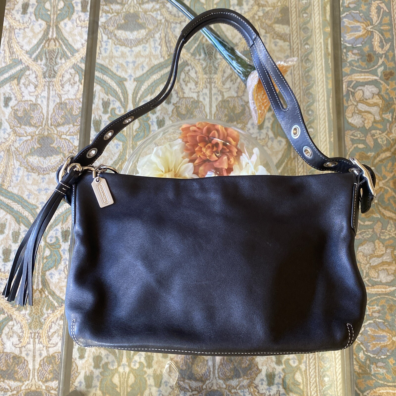 Coach Bag Hobo Black Leather Tassel Charm Vintage Pre-Owned Rectangle 10x7x3″