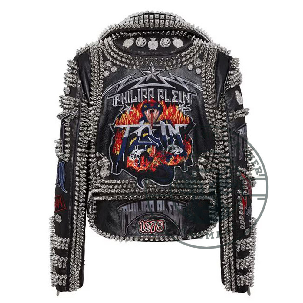Women’s Stud Leather Jacket Gothic Punk Style Customizable Patches Belted Style
