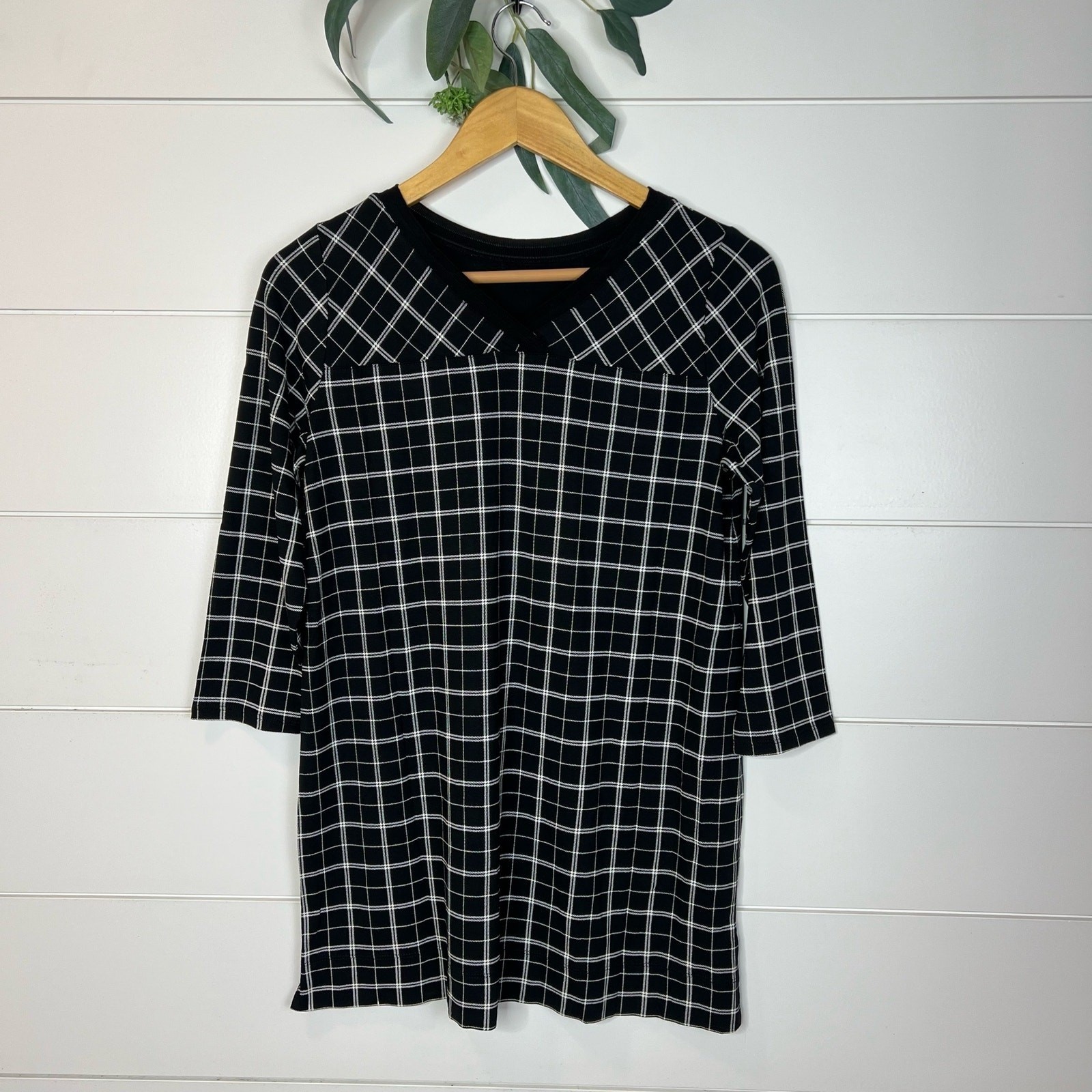 J. Jill Wearever Black White Grid V-Neck 3/4 Sleeve Tunic Top XS NWT 165311