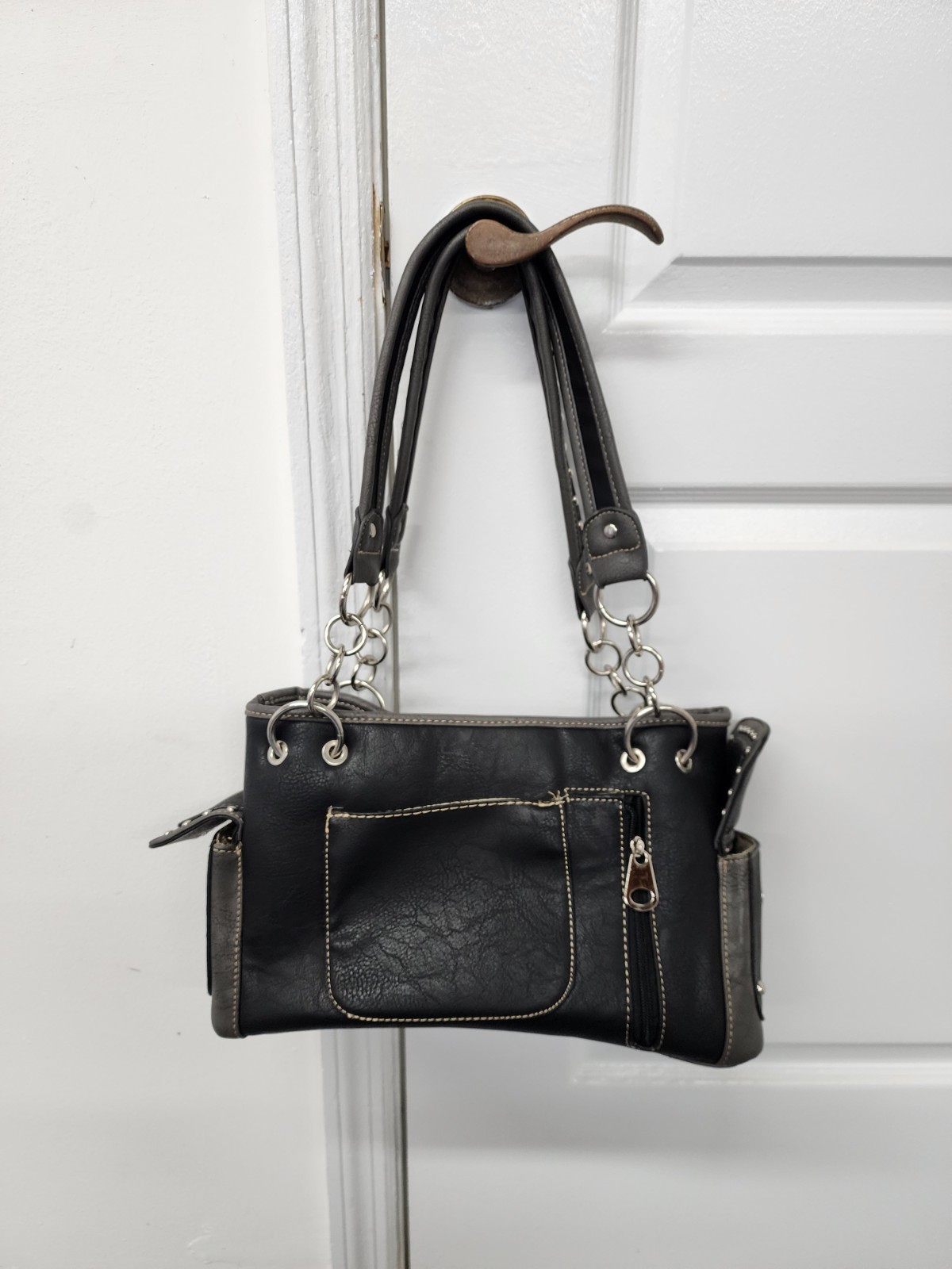 Vintage Y2K Rhinestone Cross Western Gothic Black Leather Handbag Purse
