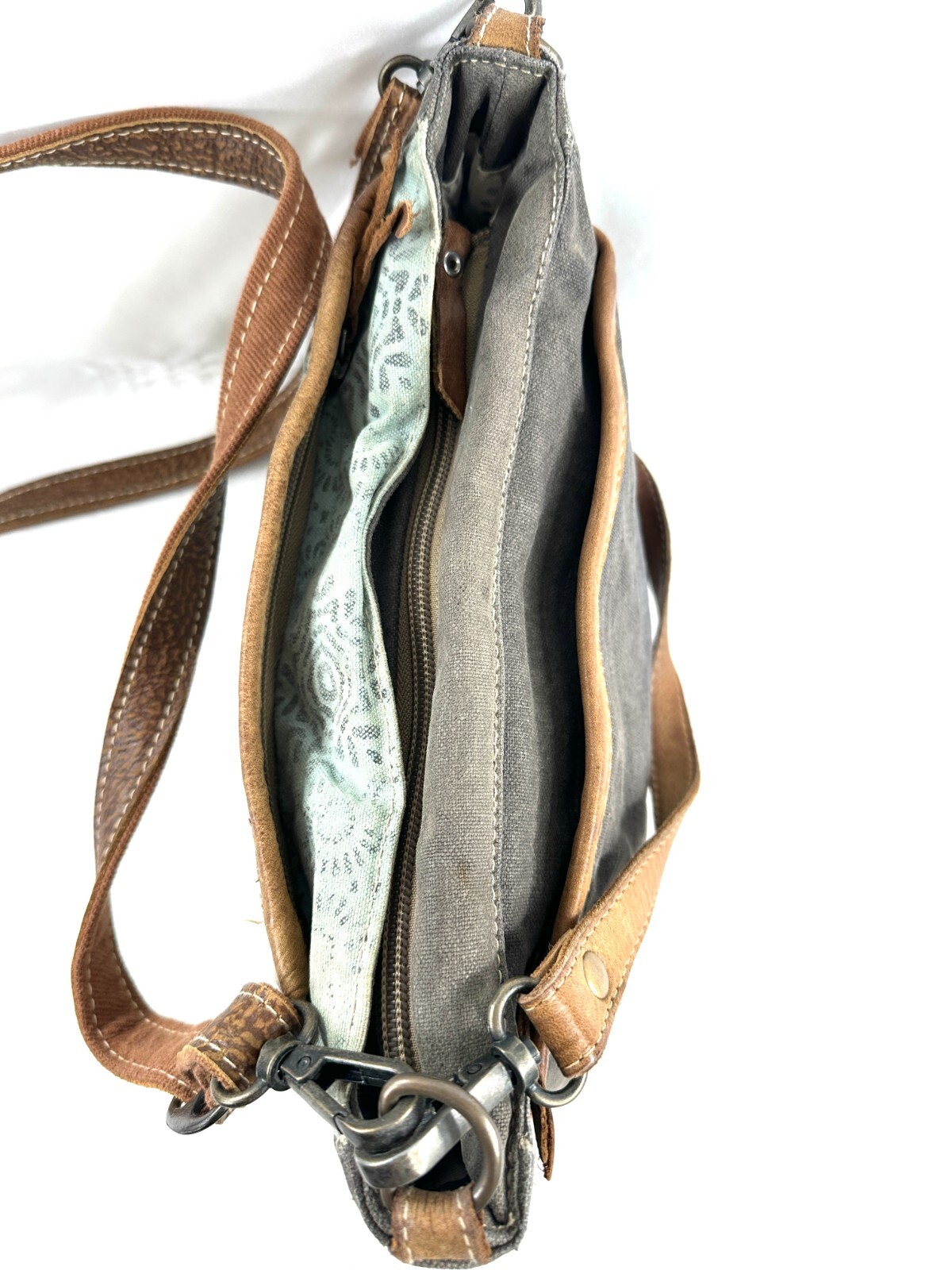 Myra Bag Gray Mint Green Canvas White Hair On Hide Leather Small Crossbody Bag