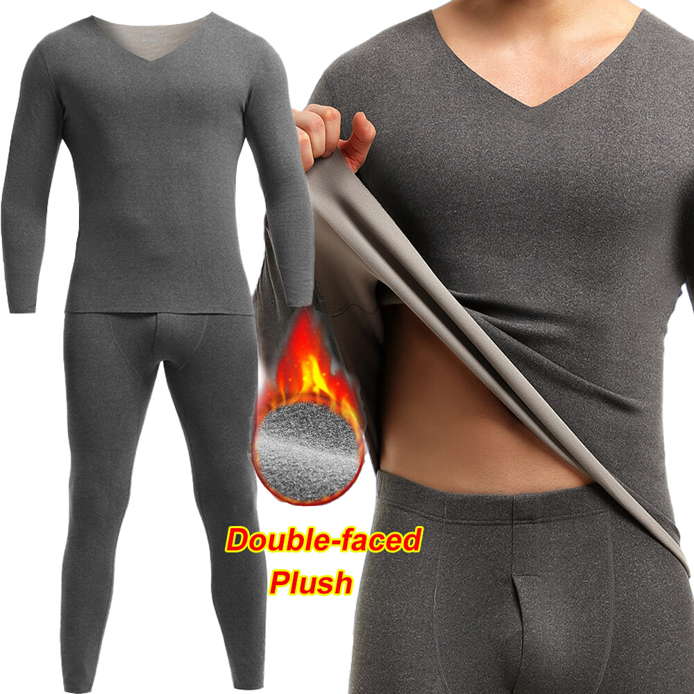Mens Fleece Lined Thermal Underwear Set Long Johns Top Pants T Shirt Winter Warm