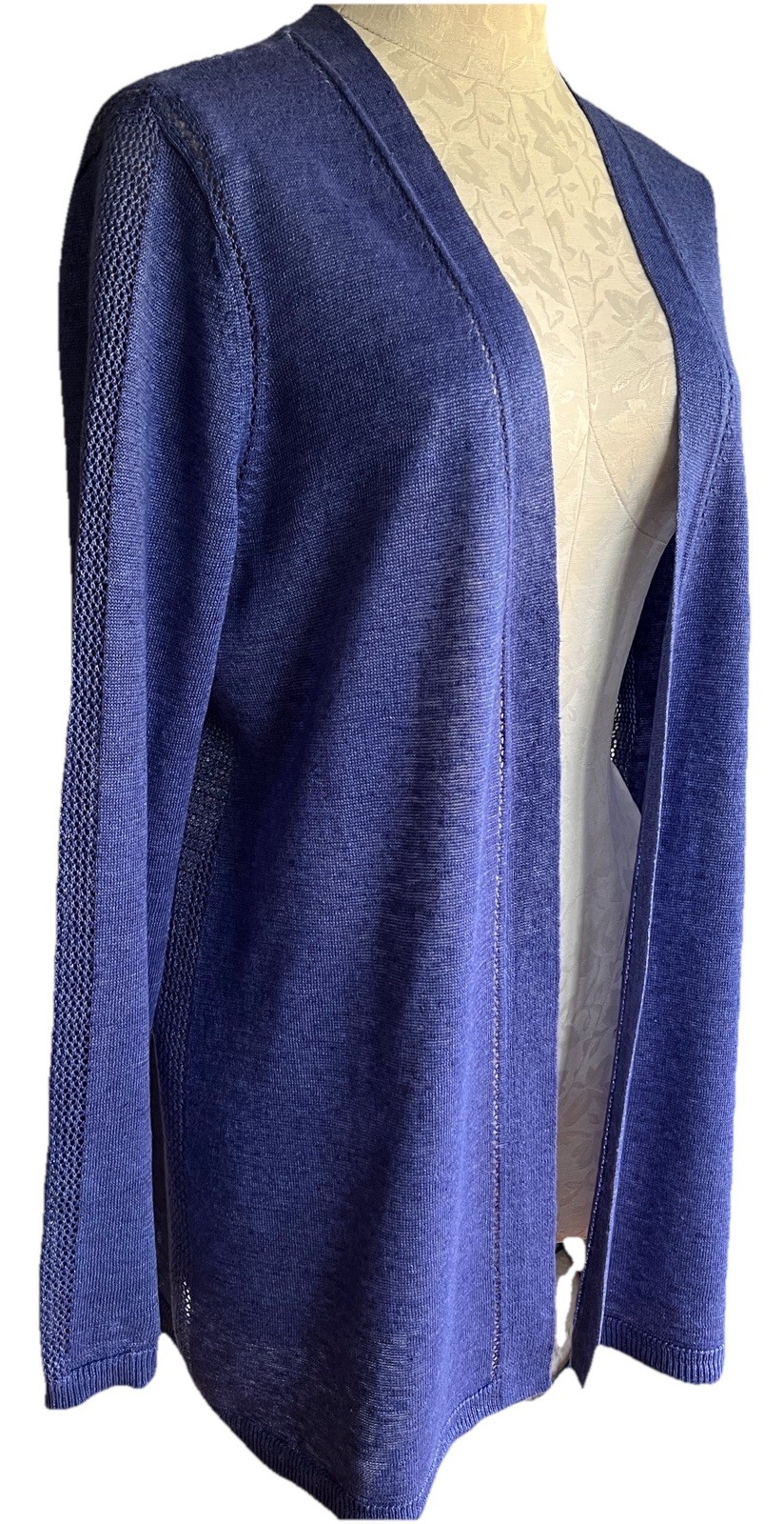 Talbots Women’s 100% Linen Cornflower Blue Open Front Cardigan Sweater Mp