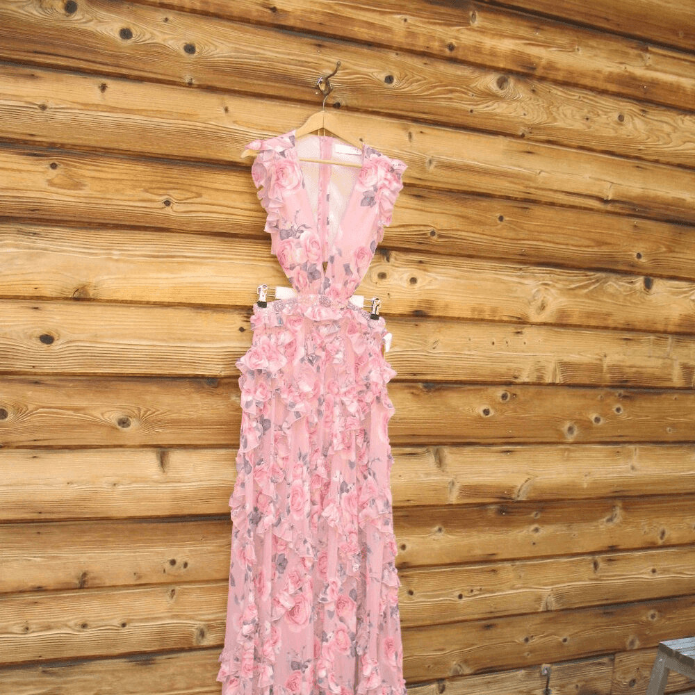 NWT Mac Duggal 9152 RUFFLED CUT OUT CAP SLEEVE V NECK GOWN Rose Size 4