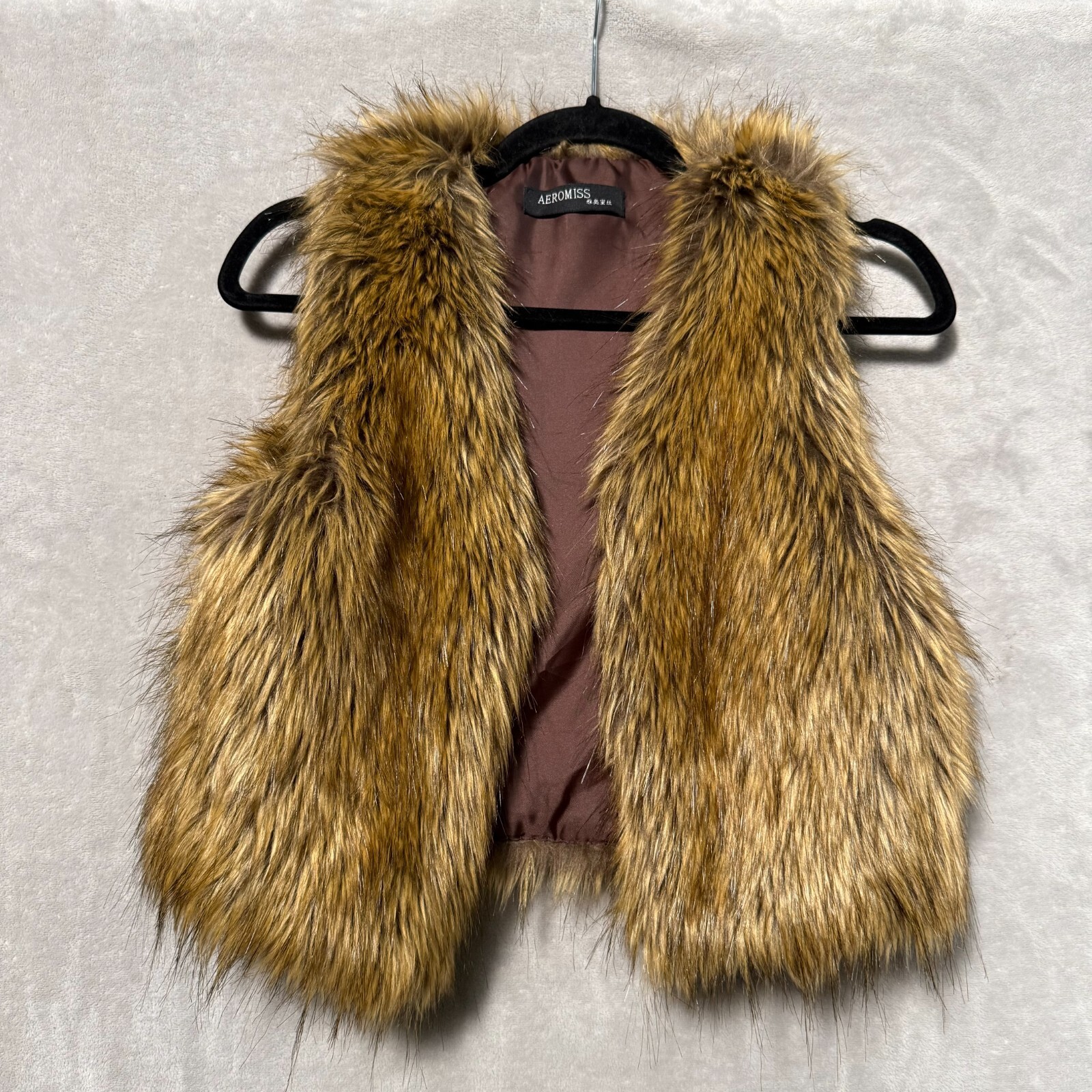 Aeromiss Faux Fur Vest Sz S Womens Faux Leather Logo