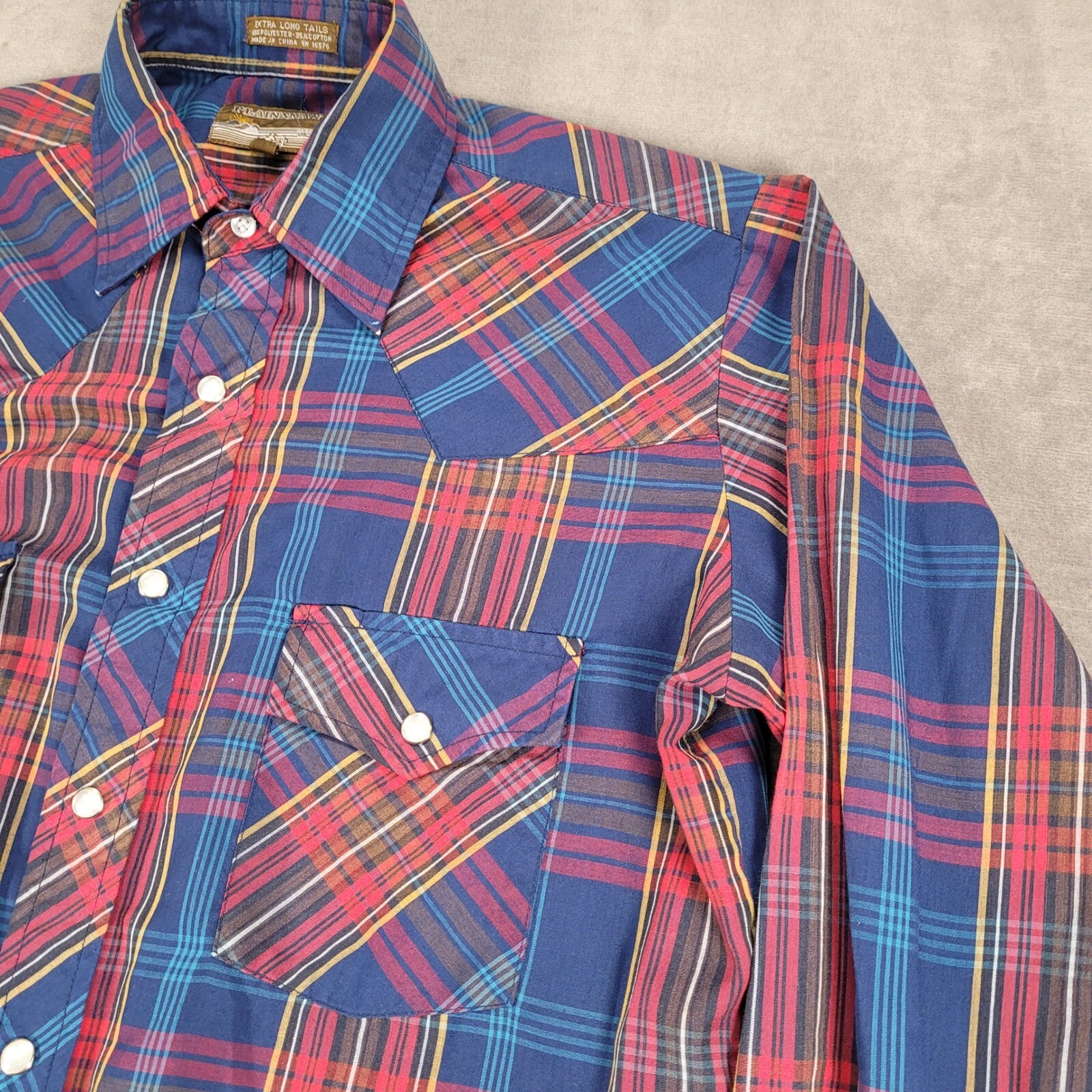 Plainsman Extra Long Tails Plaid Western Shirt Long Sleeve Snap Up Cowboy Sz Med