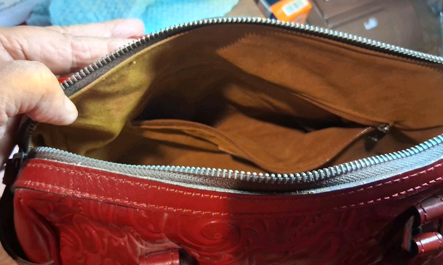 Patricia Nash Red Embossed Floral Satchel w/ Strap & Dust Bag