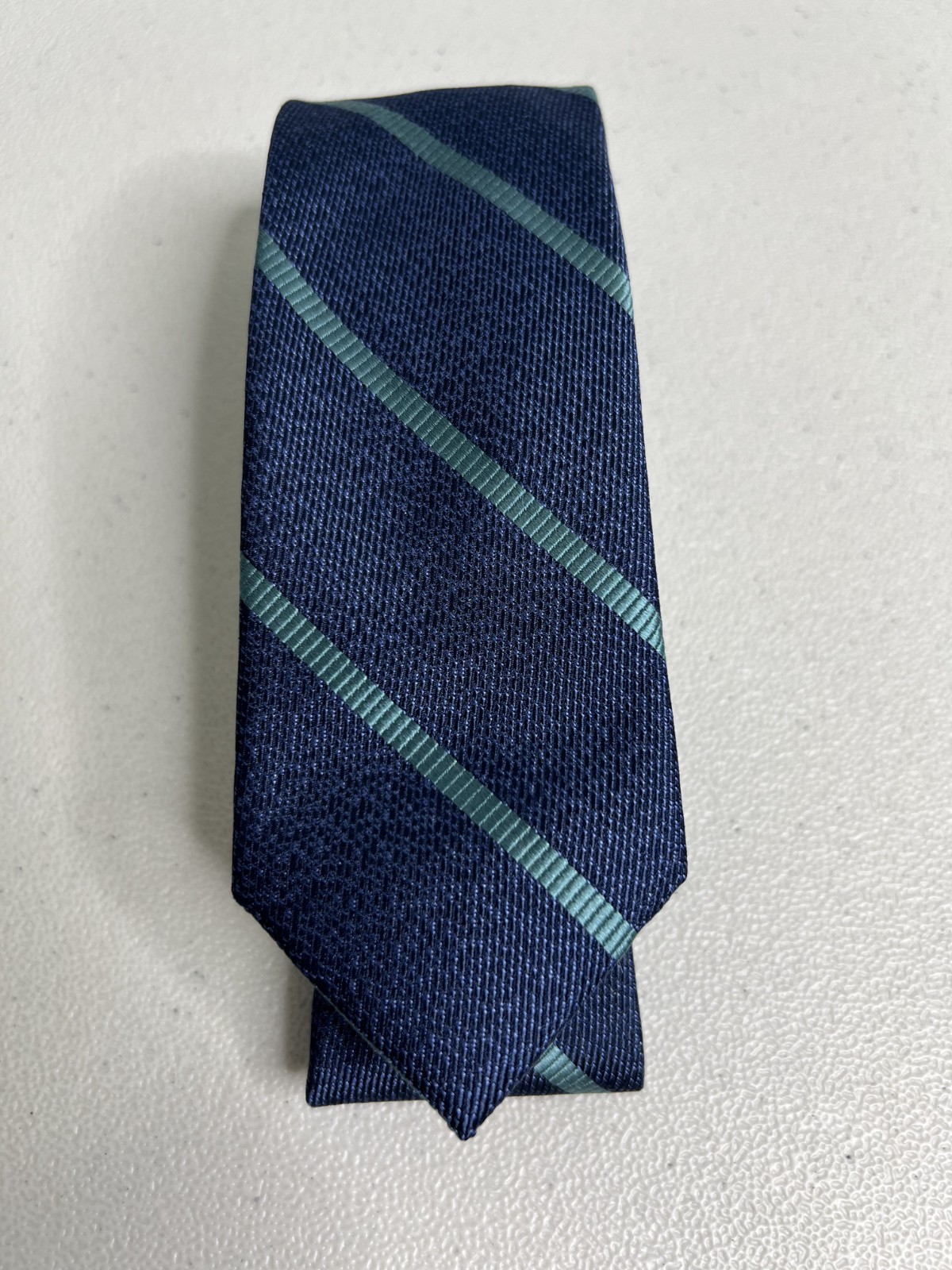 Bar III Blue and Teal/Green Striped Pattern Silk Blend Skinny Designer Tie NWT