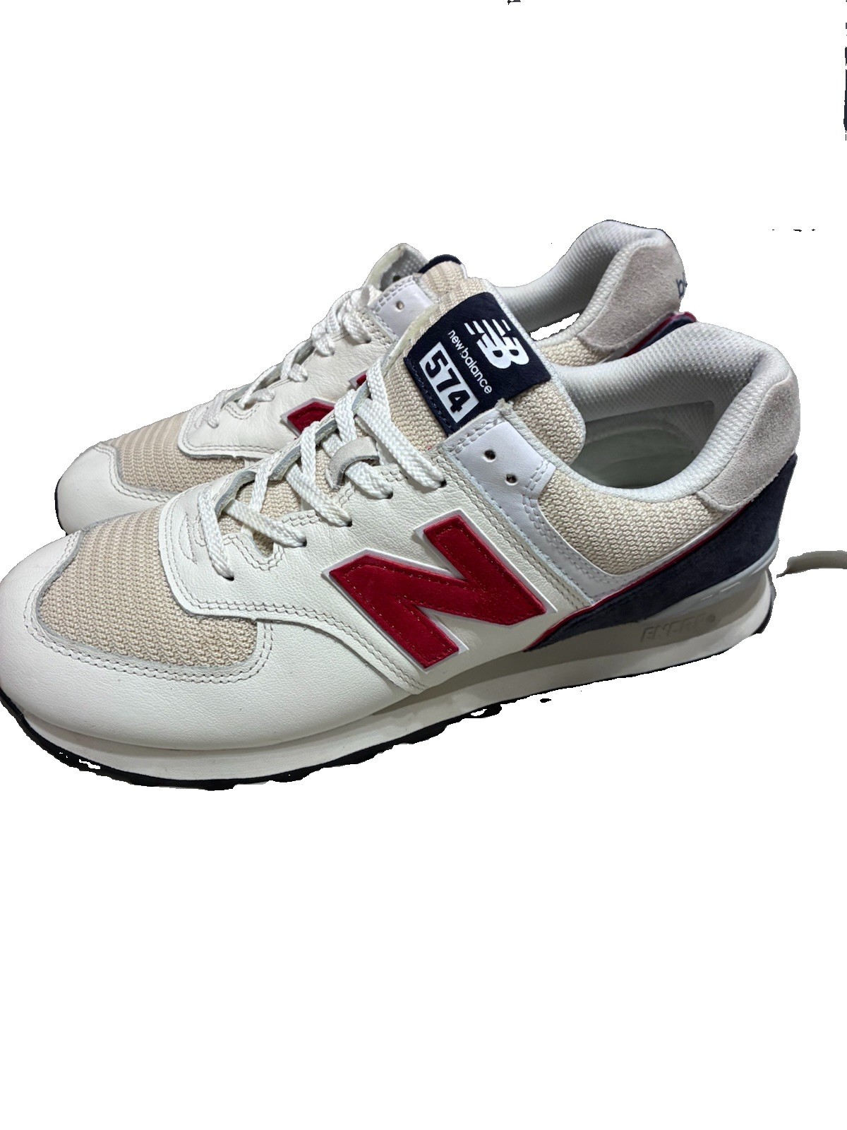 New Balance 574 Men’s Low Top Lace Up Sneakers White Beige Red Navy