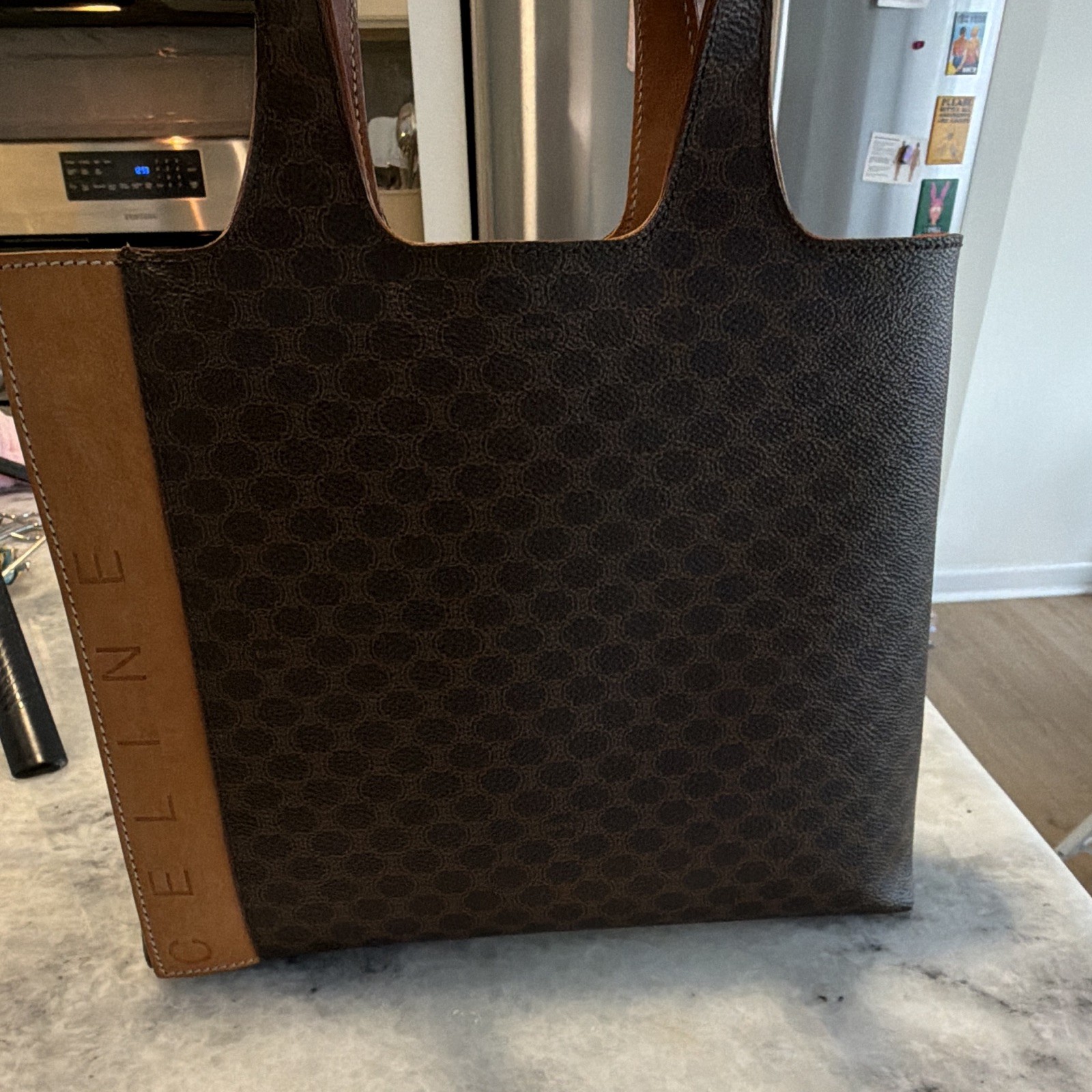 CELINE Brown Monogram Tote Bag Zip Closure Logo Stripe Inner Pockets Top Handle