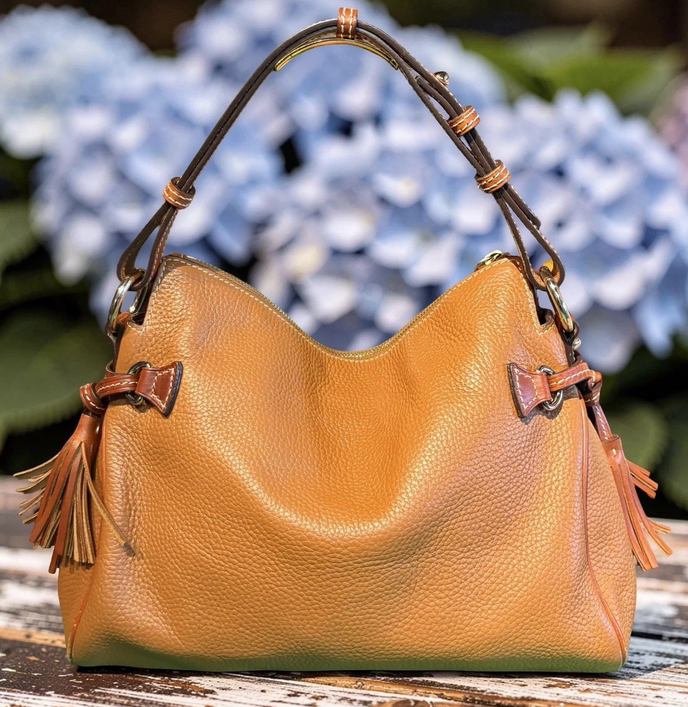 Dooney Bourke Caramel Brown Hobo Zip Shoulder Bag Pebbled Leather