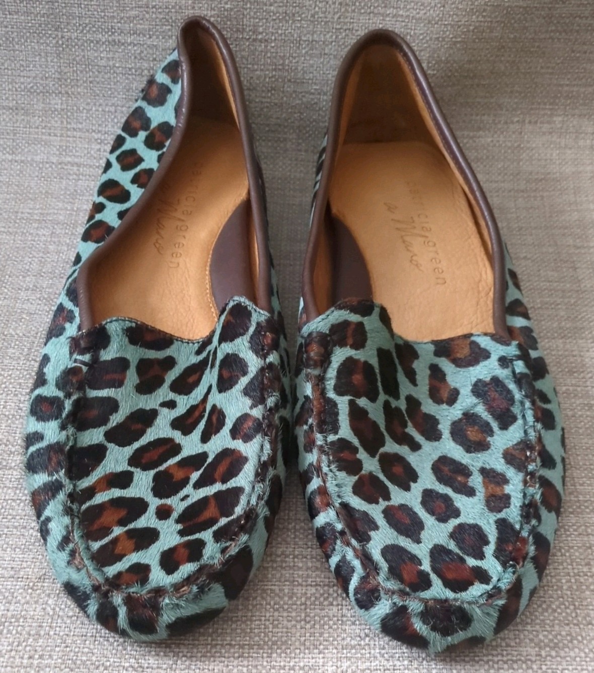 Patricia Green Jillian Driving Moccasin Teal Leopard Calf Hair Size 9.5W NEW
