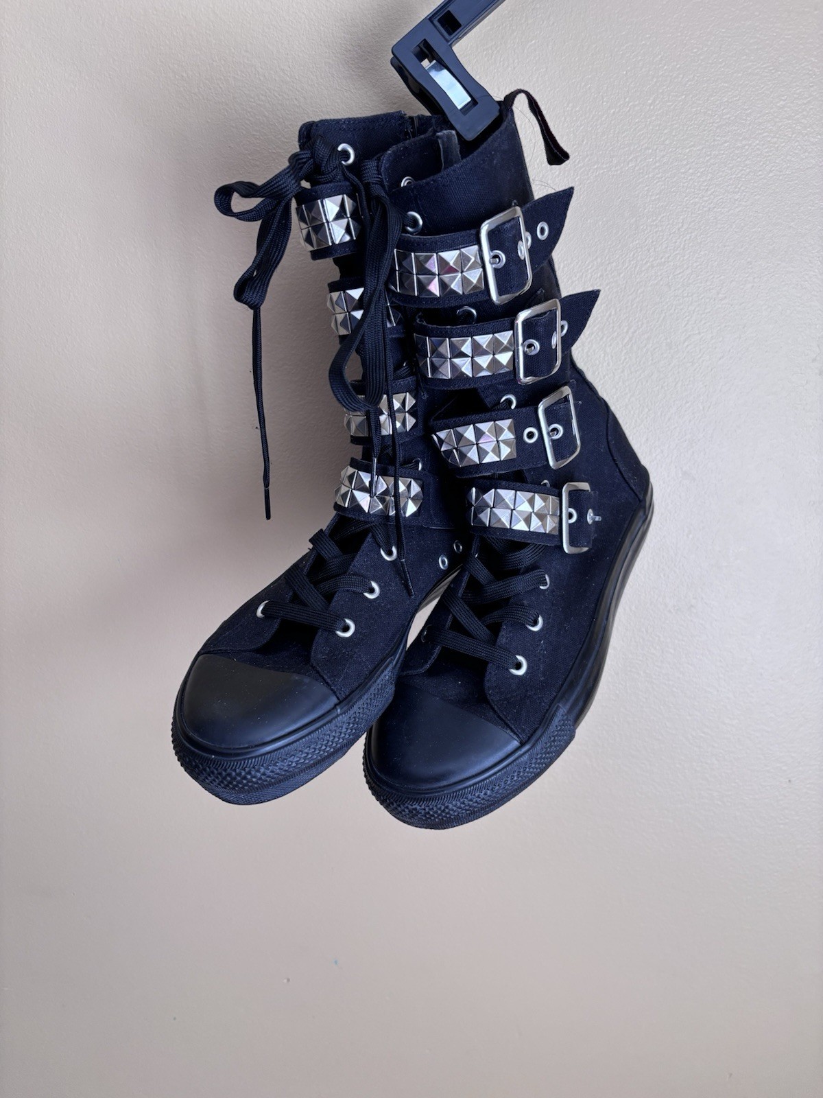Demonia Unisex Combat Boots US 7 Black Fabric Studded Lace-Up Side Zip Mid-Calf