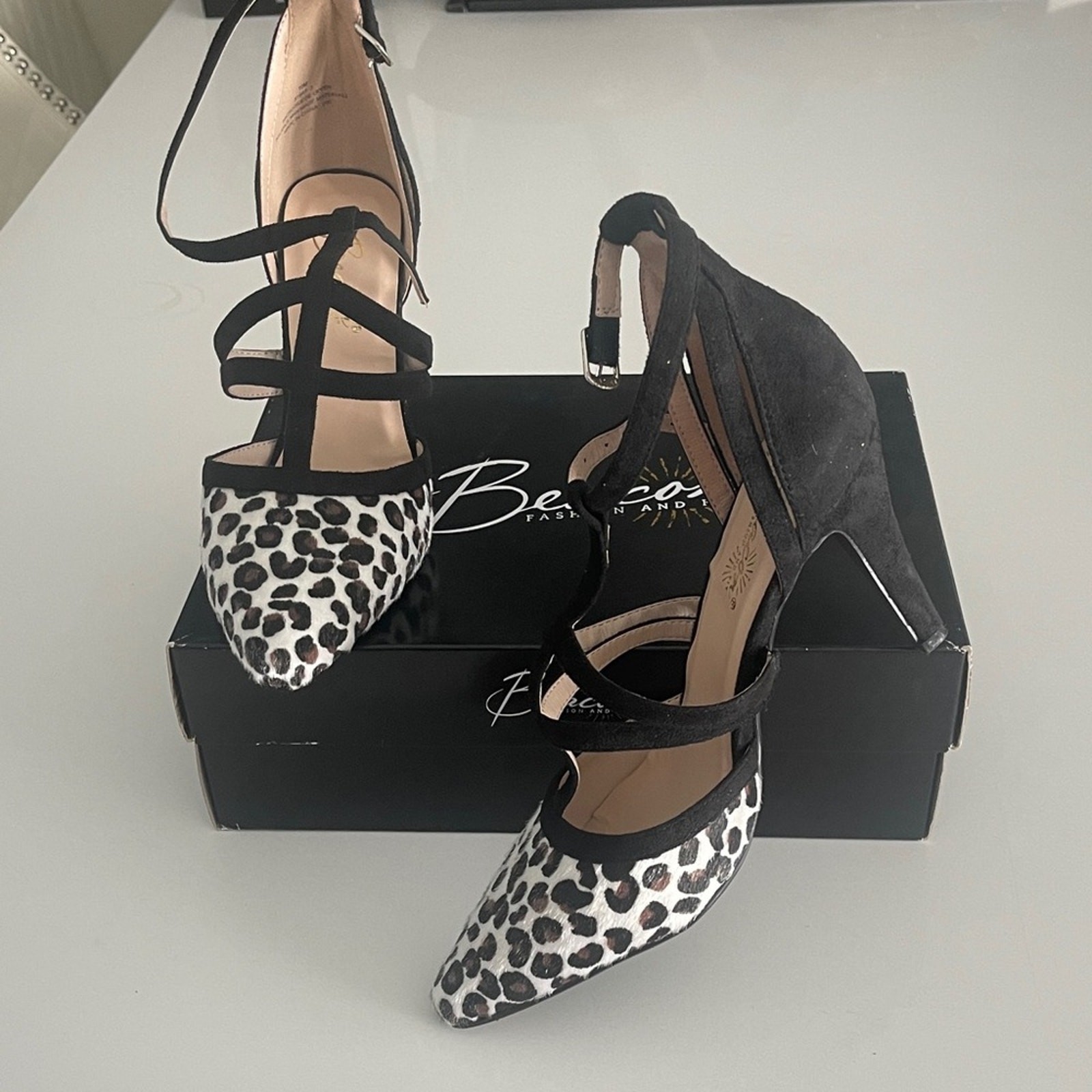 Beacon Fashion and Fit Black & White Leopard Print Strappy Heels SIZE 10 Shoes