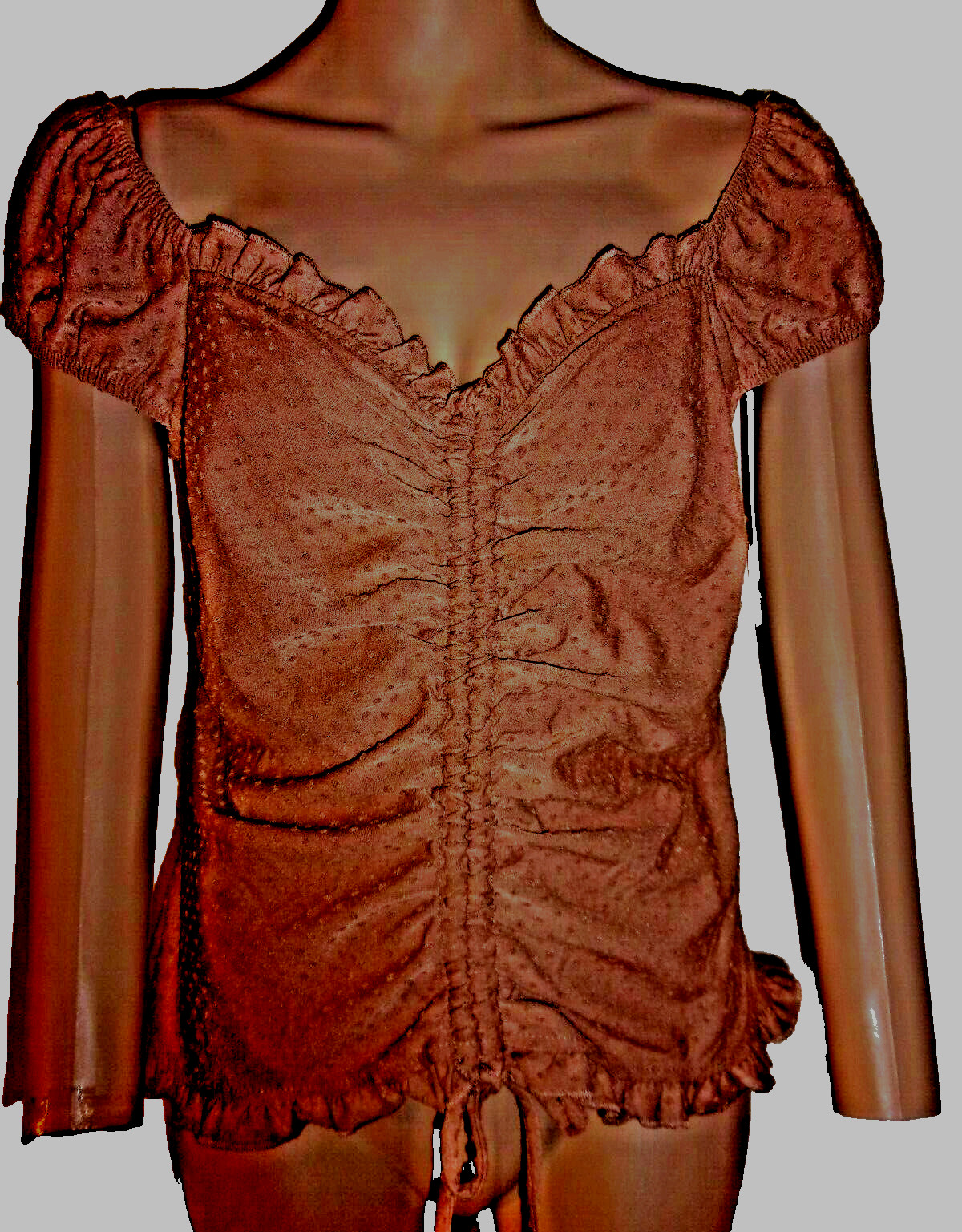 B Wear Mocha Top Textured Polka Dots Off Shoulder-Ruched Waist Tie Size XL