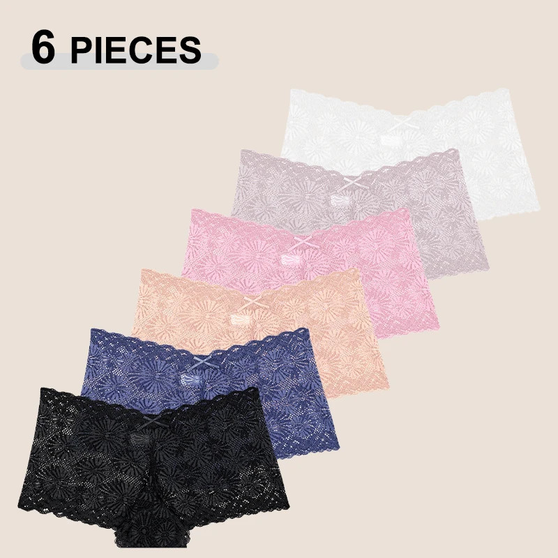 Lace Boyshort Panties High Rise Womens Sheer Floral Breathable Underwear 6 Pcs