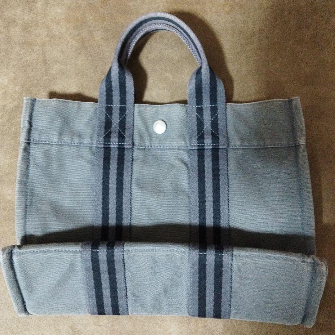 HERMES Fourre Tout PM Mini Handbag Tote Bag Canvas Gray Light Blue Used Auth