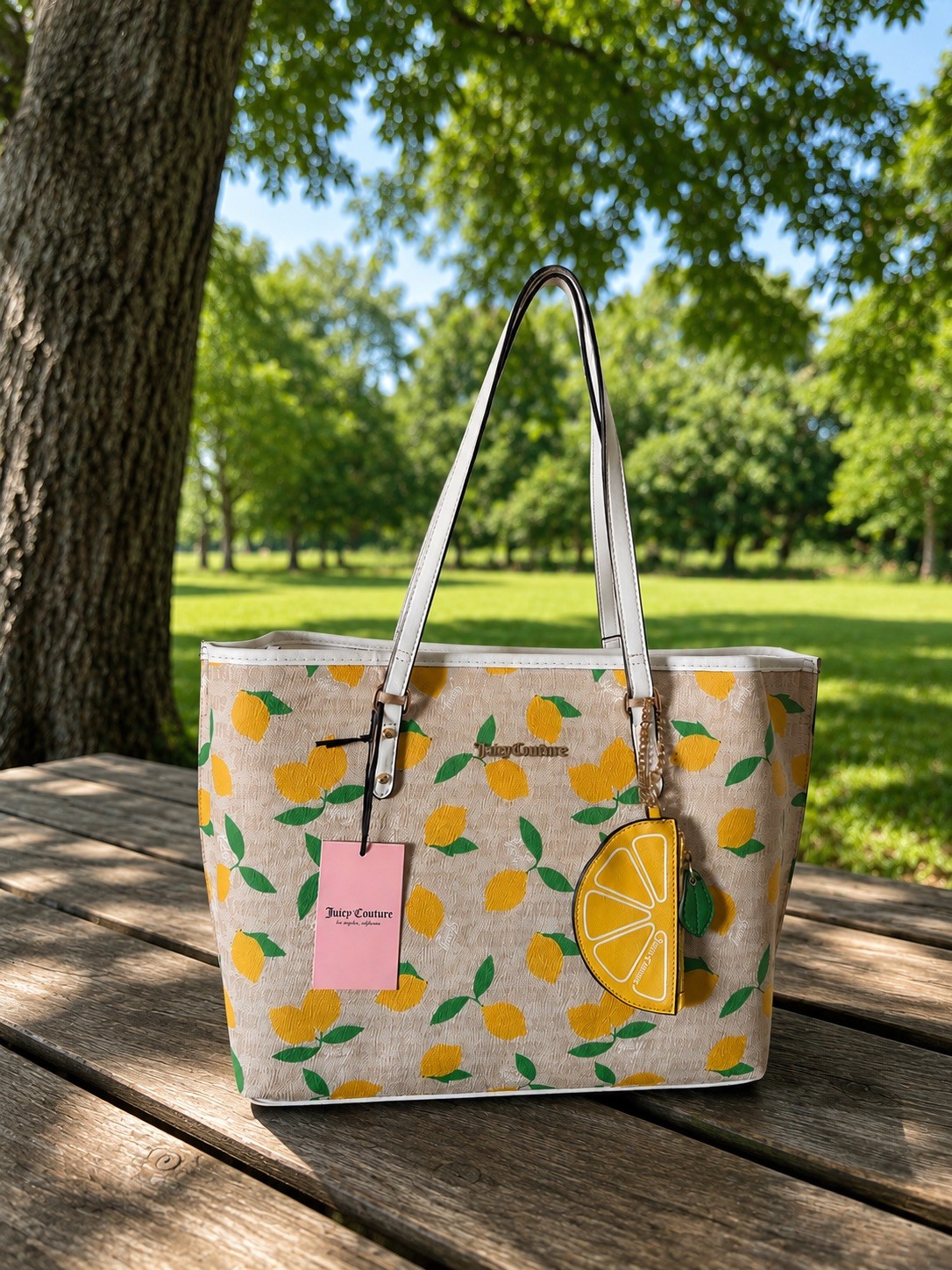 Juicy Couture Fruitful Lemon Tote Bag Sandstone White Monogram Wallet Charm NWT