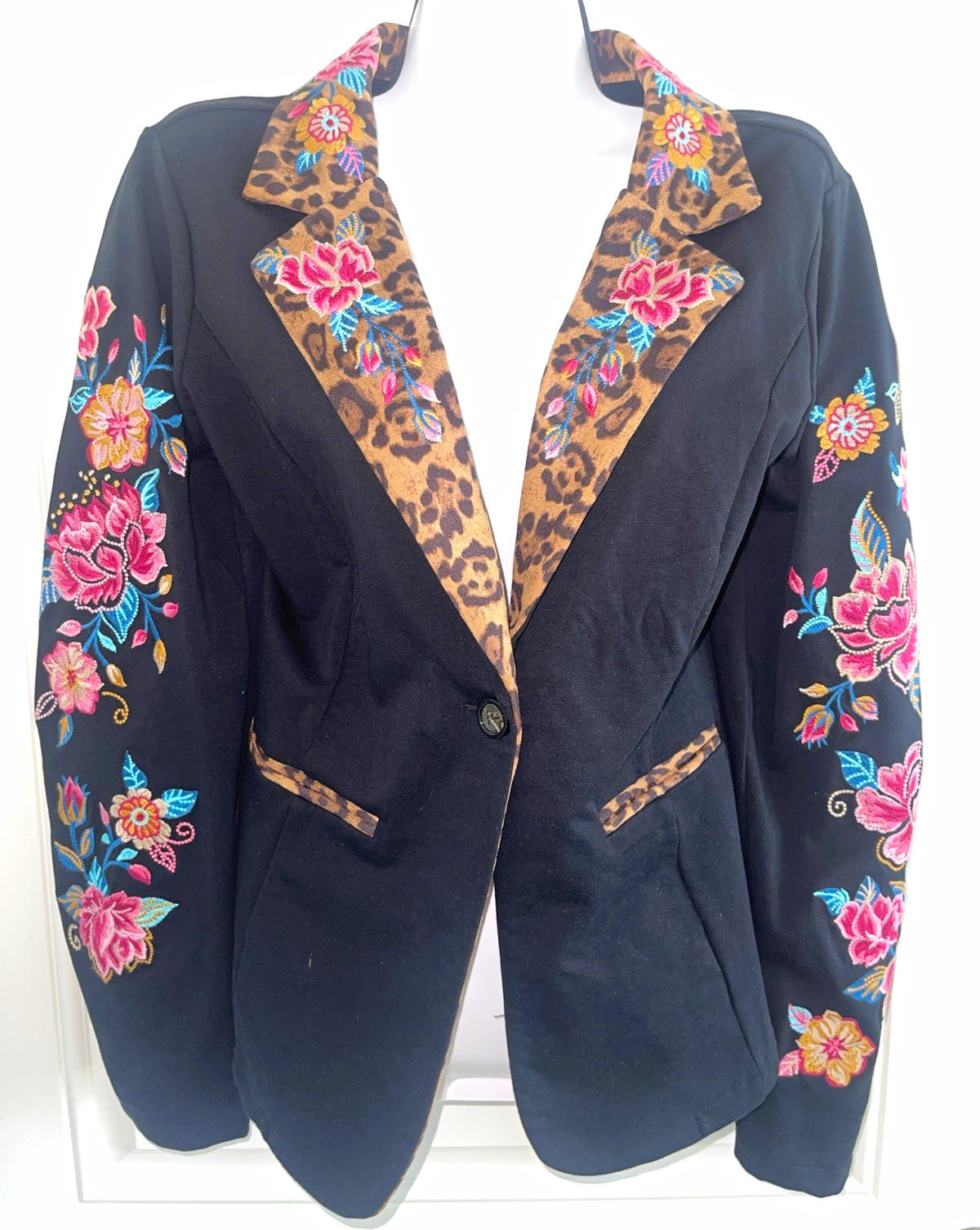 SAVANNA JANE Black Floral Embroidered Button Lined Blazer Jacket MEDIUM