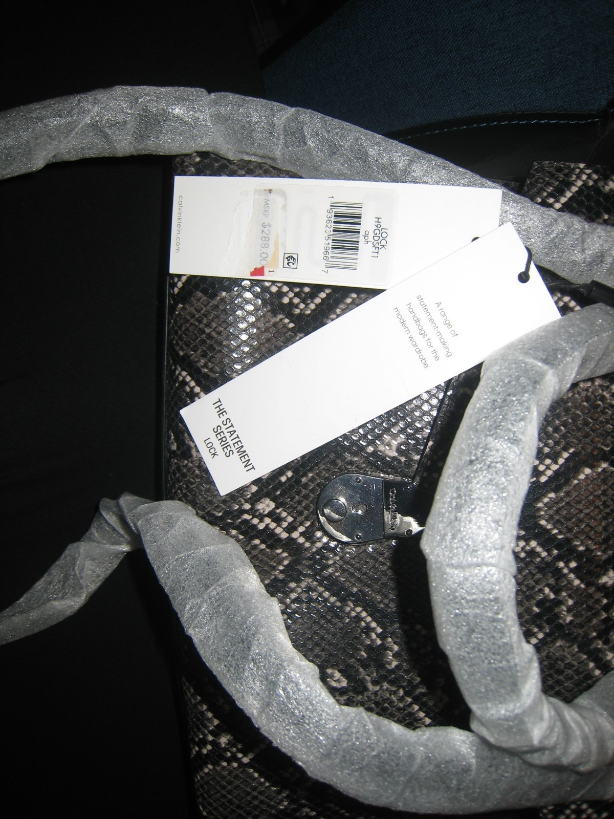 Calvin Klein Satchel Crossbody Lock Python Snake Embossed Grey Black w/Bag NEW