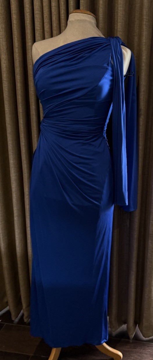 TADASHI SHOJI Blue Knotted Twist Draped One Shoulder Gown S