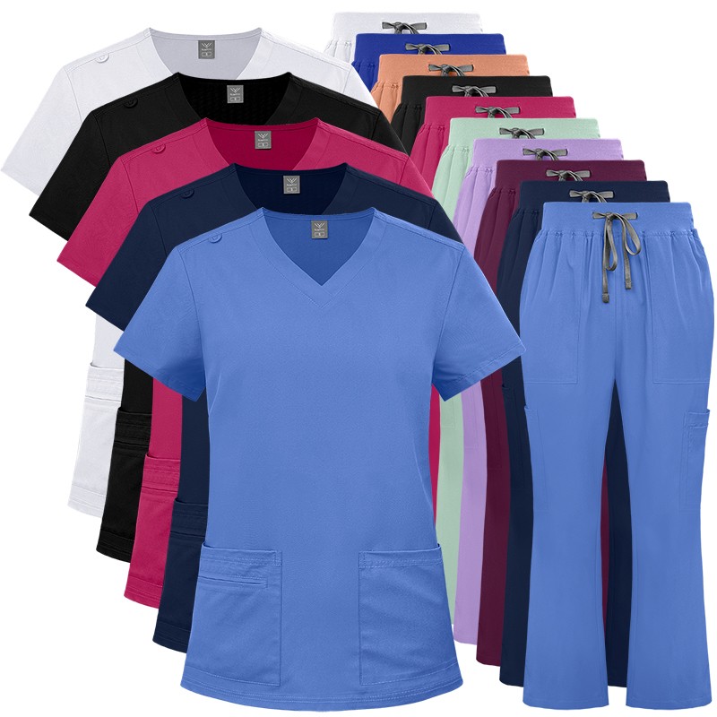 2025 Nursing Medical Scrub Set Flare Pants Drawstring Multi-pocket Comfortable