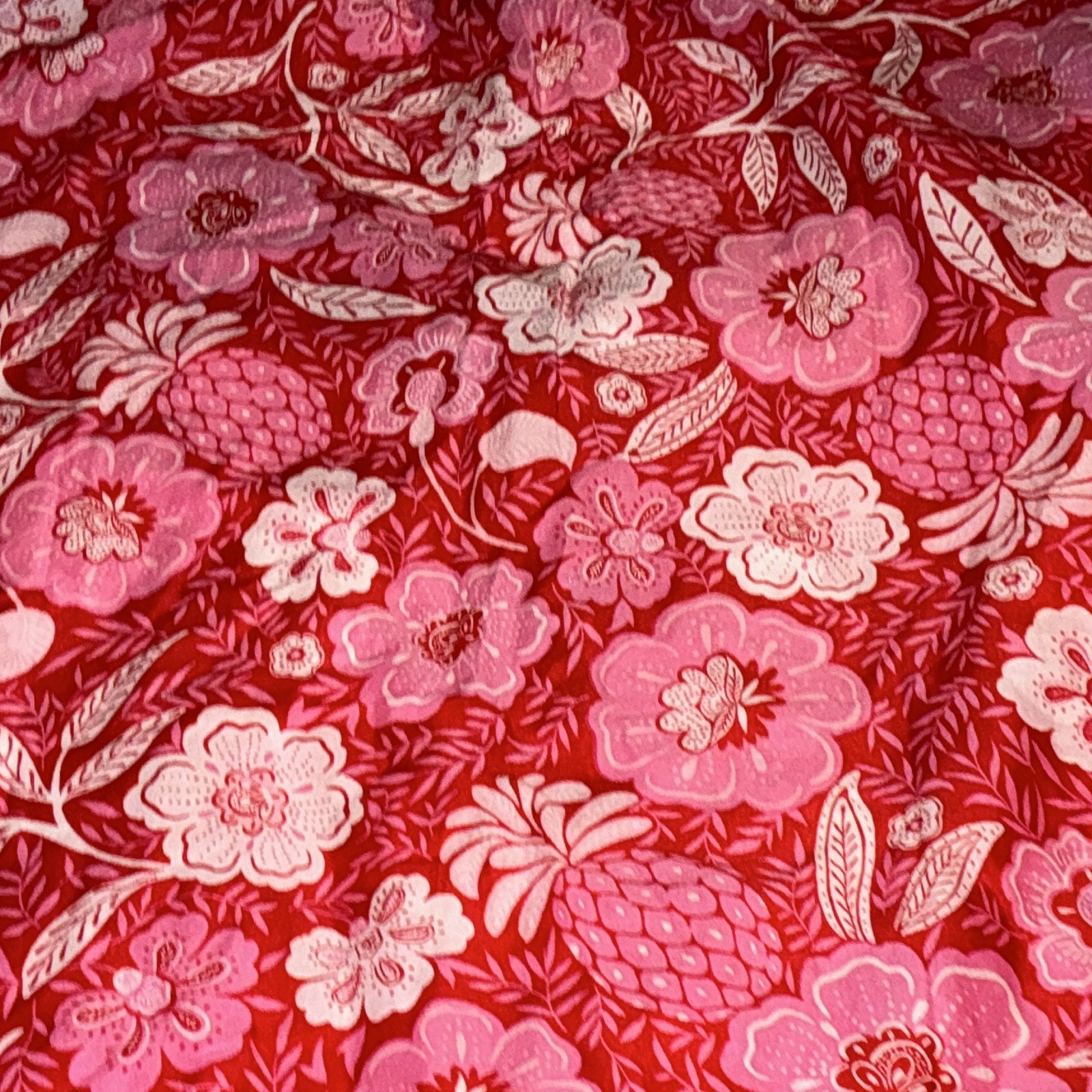 Talbots Petites L Red Pink White Floral Woven Cotton Button Front Blouse