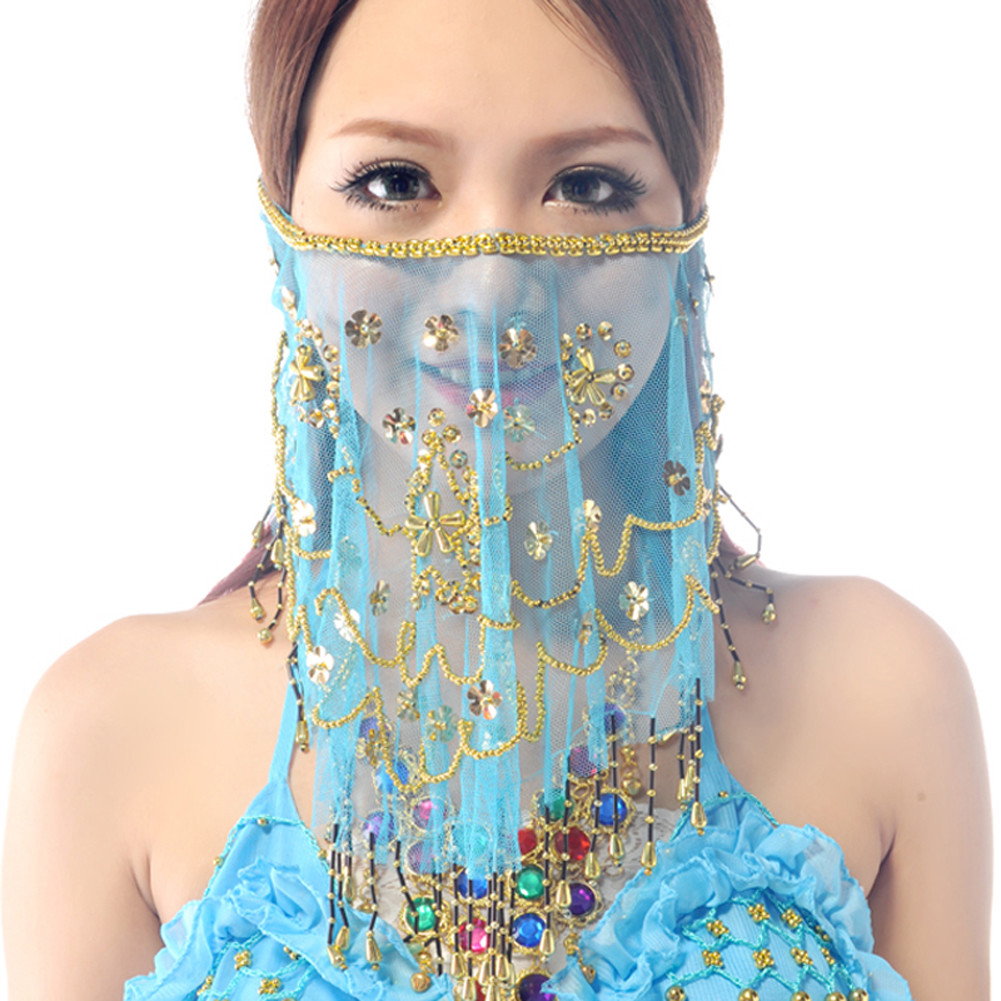 Belly Dance Face veil Shawl Scarf Transparent Face Cloth with Beads and Sequins