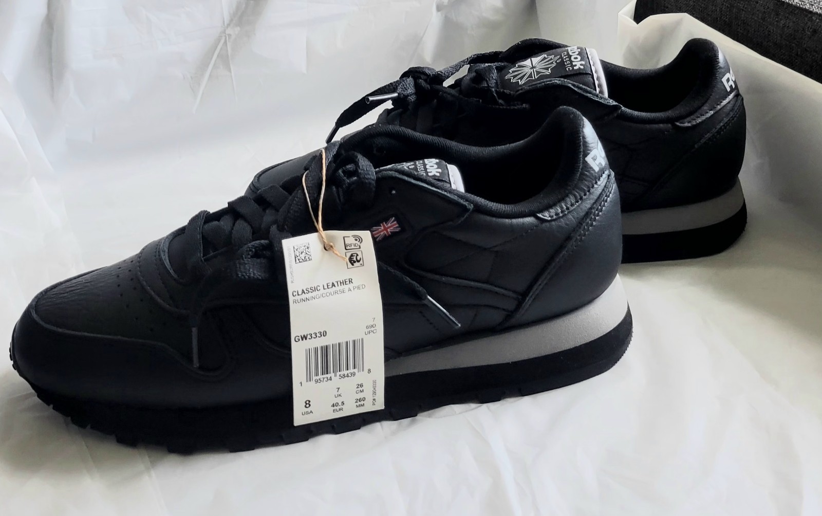 Reebok Classic Leather Sneaker Core Black/Core Black/Pure Grey size 8